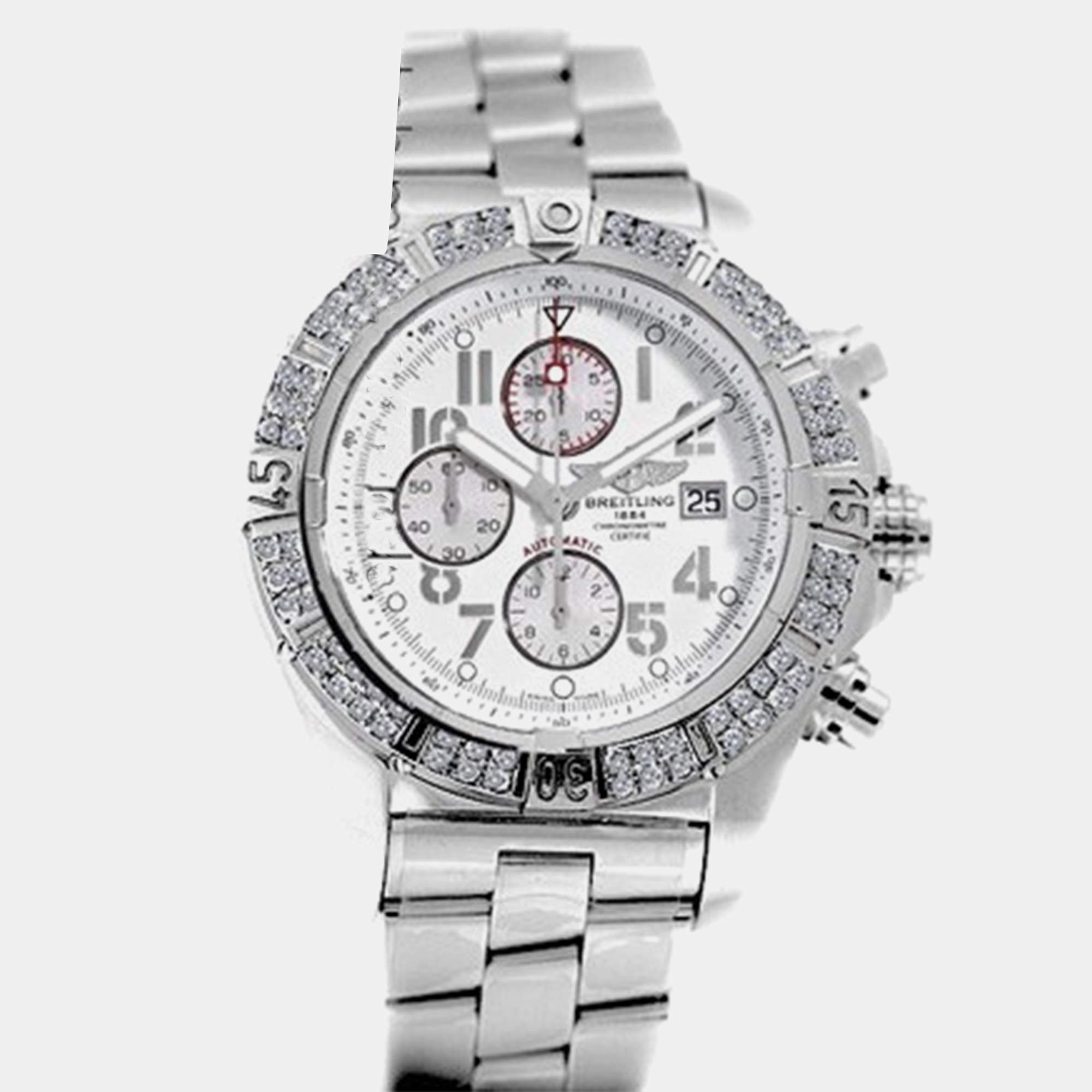 Breitling Customised White 2.00 Ct Diamond Stainless Steel Aeromarine Super Avenger A13370 Automatic Men's Wristwatch 40mm