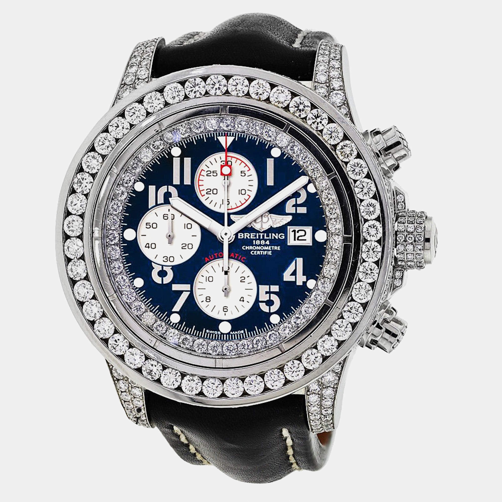 Breitling Customised Blue 15CT Diamond Stainless Steel Super Avenger A13370 Automatic Men's Wristwatch 48 mm