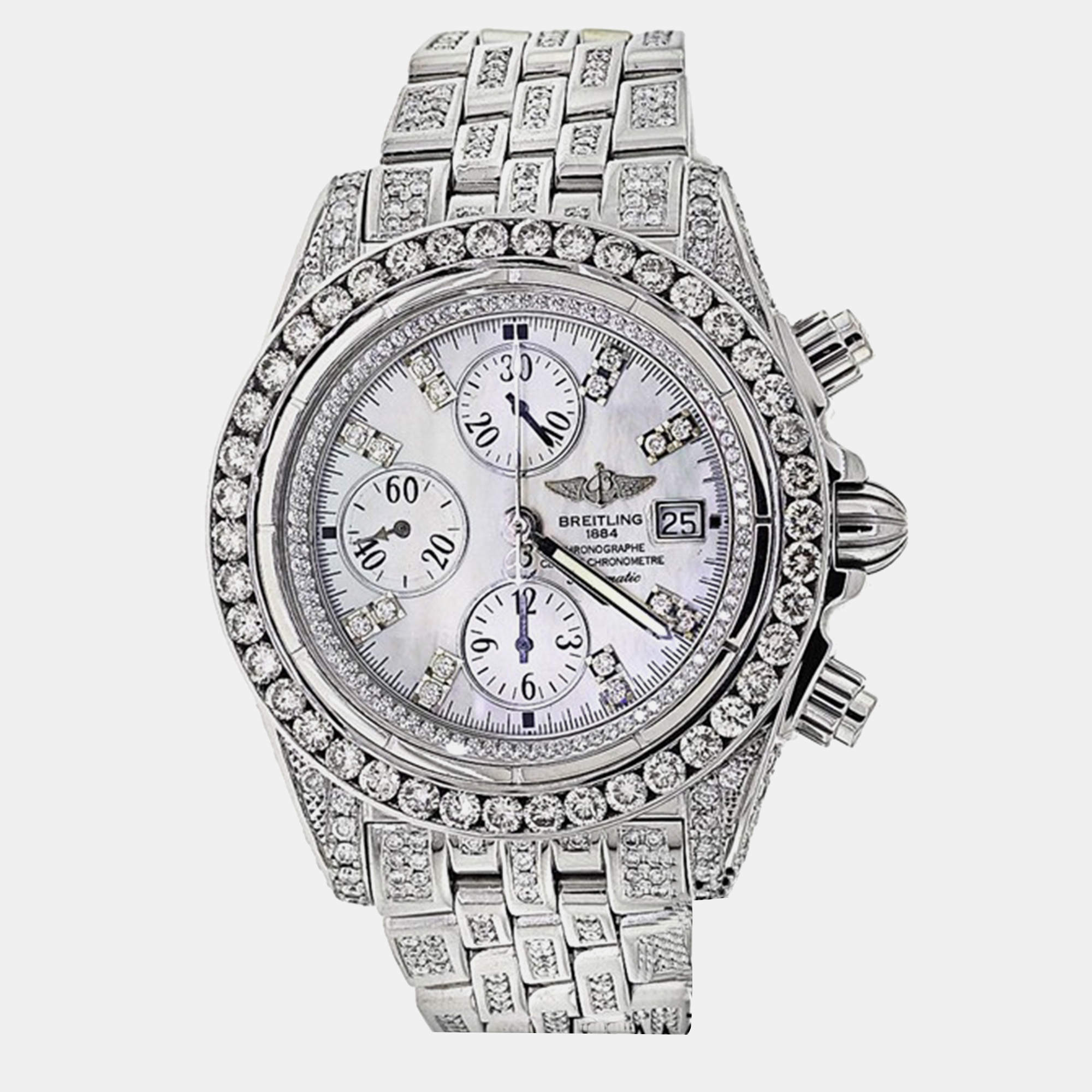 Breitling Customised Silver MOP 13.00 Ct Diamond Stainless Steel Evolution A13356 Automatic Men's Wristwatch 48mm