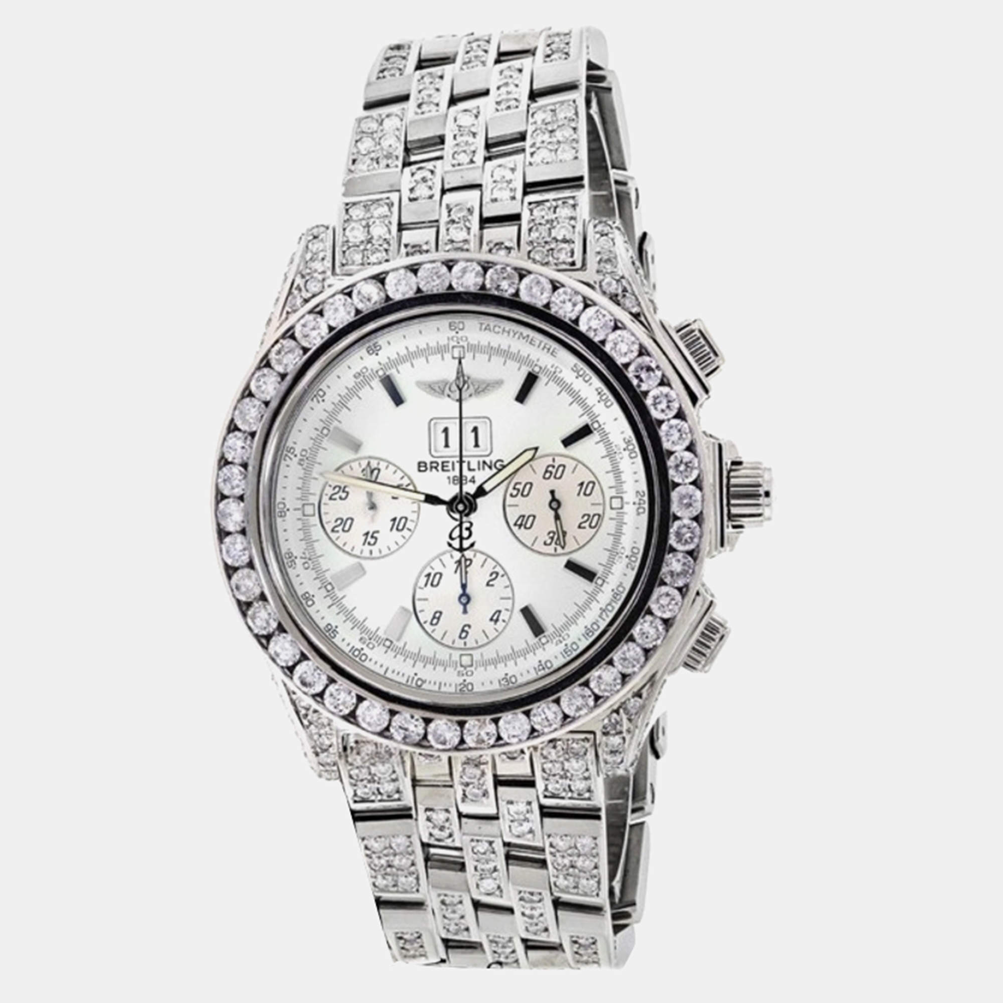Breitling Customised White 15.00 Ct Diamond Stainless Steel Crosswind A44355 Automatic Men's Wristwatch 48mm