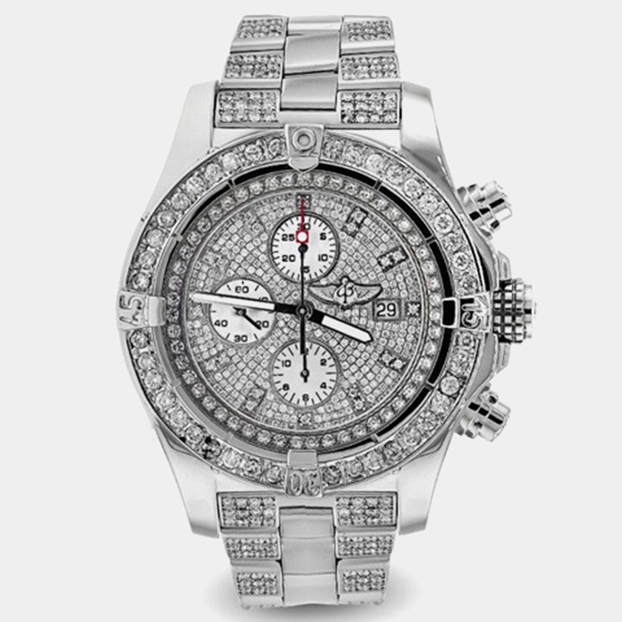 Breitling Customised Silver Diamond Stainless Steel Super Avenger A13370 Automatic Men's Wristwatch 48 mm