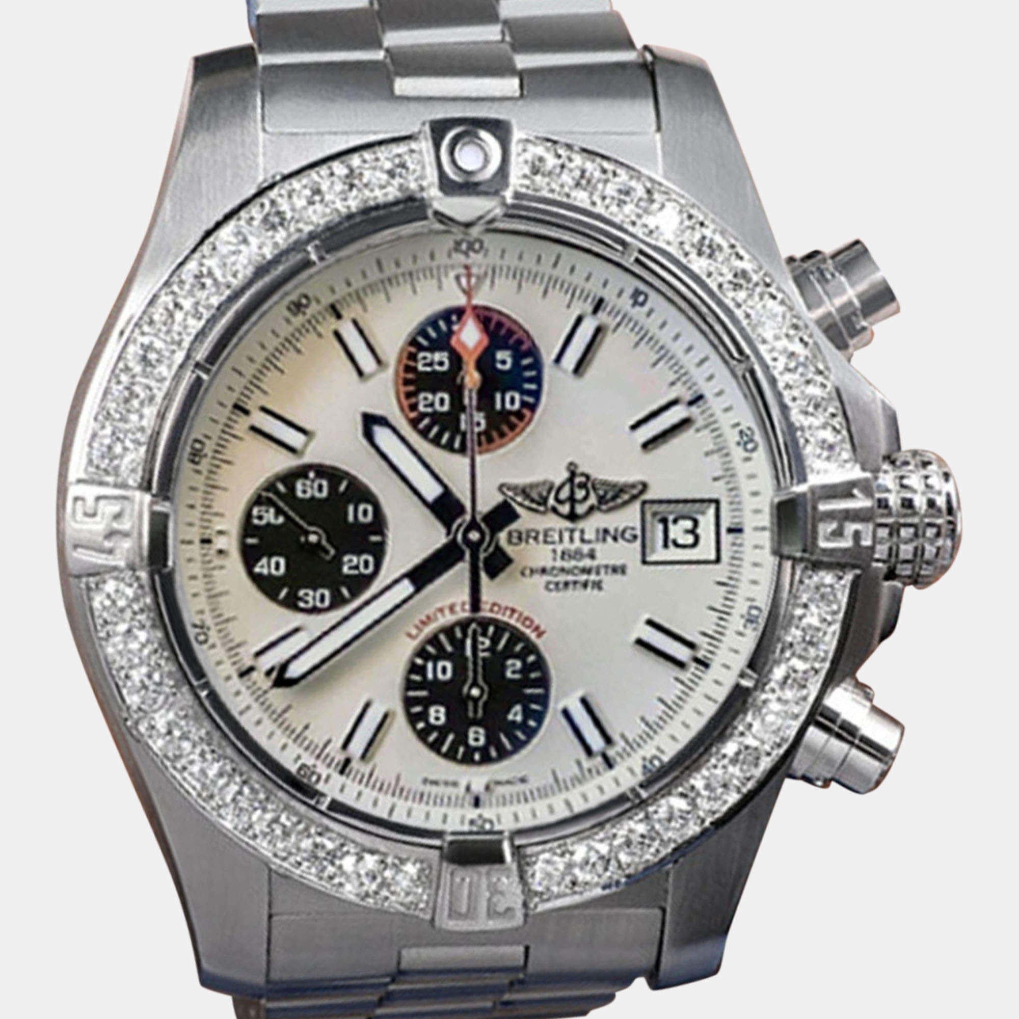 Breitling Customised Cream Diamond Stainless Steel Avenger II A13381 Automatic Men's Wristwatch 43mm