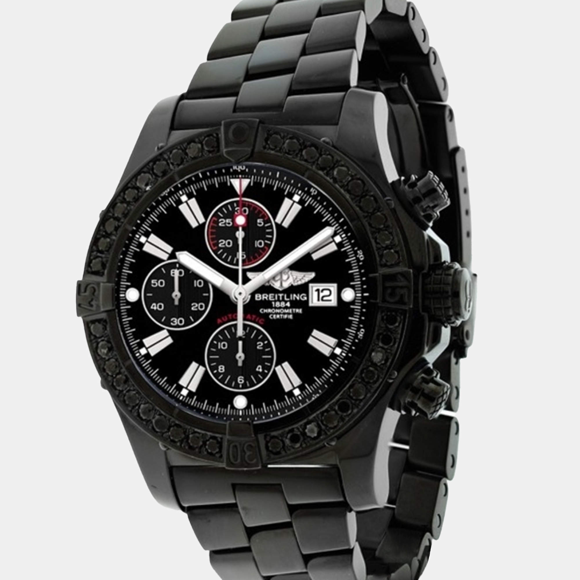 Breitling Customised Black 4.00 Ct Diamond Stainless Steel Super Avenger A13370 Automatic Men's Wristwatch 48 mm