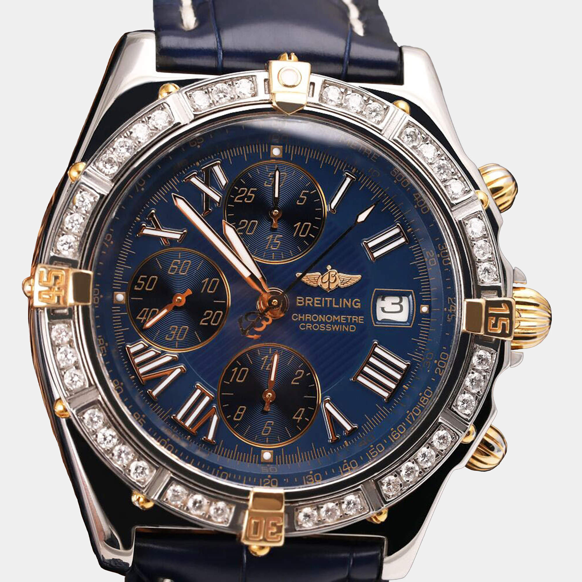 Breitling Blue Diamond 18K Yellow Gold Stainless Steel Crosswind B13355 Automatic Men's Wristwatch 43mm