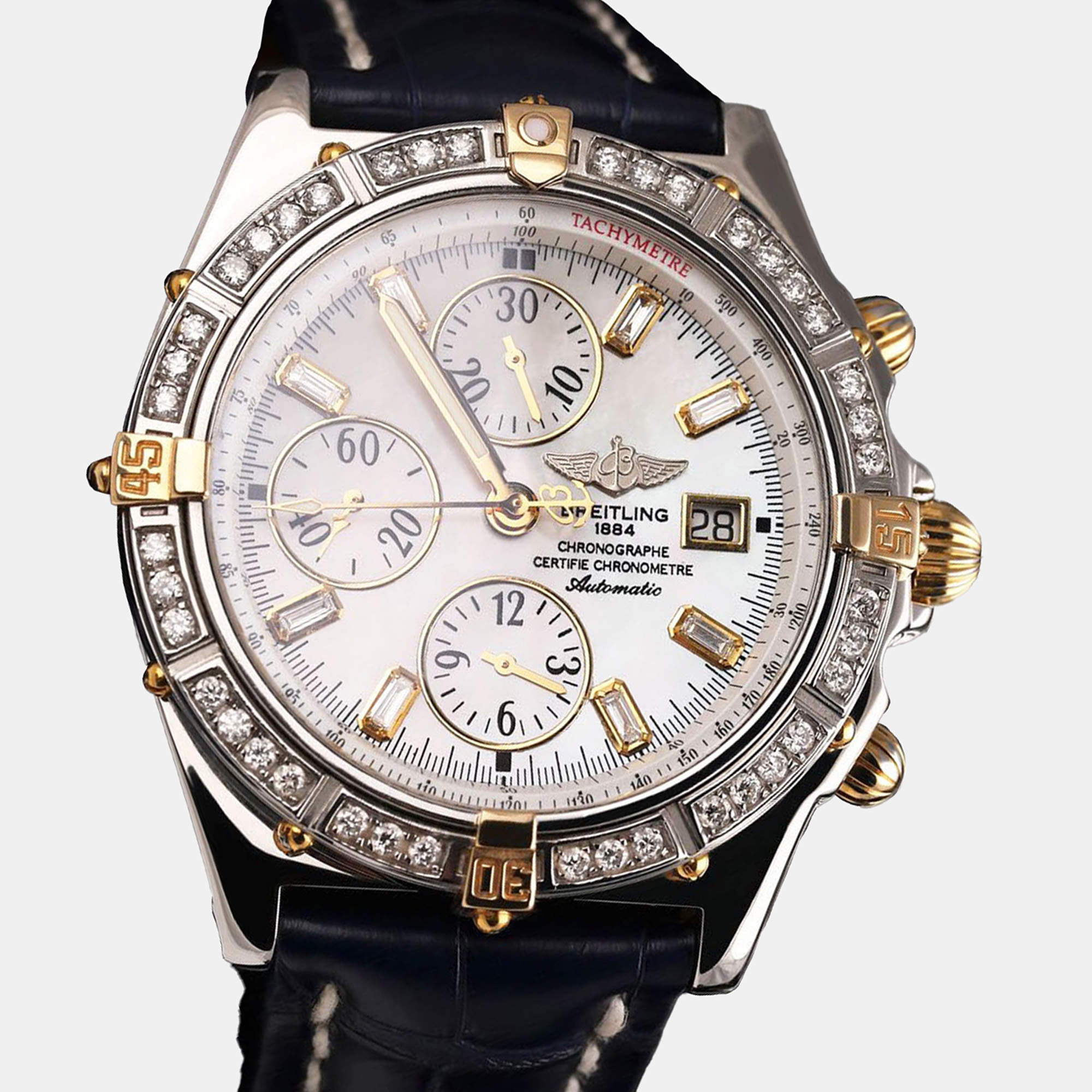 Breitling White MOP Diamond 18K Yellow Gold Stainless Steel Crosswind B13355 Automatic Men's Wristwatch 43mm