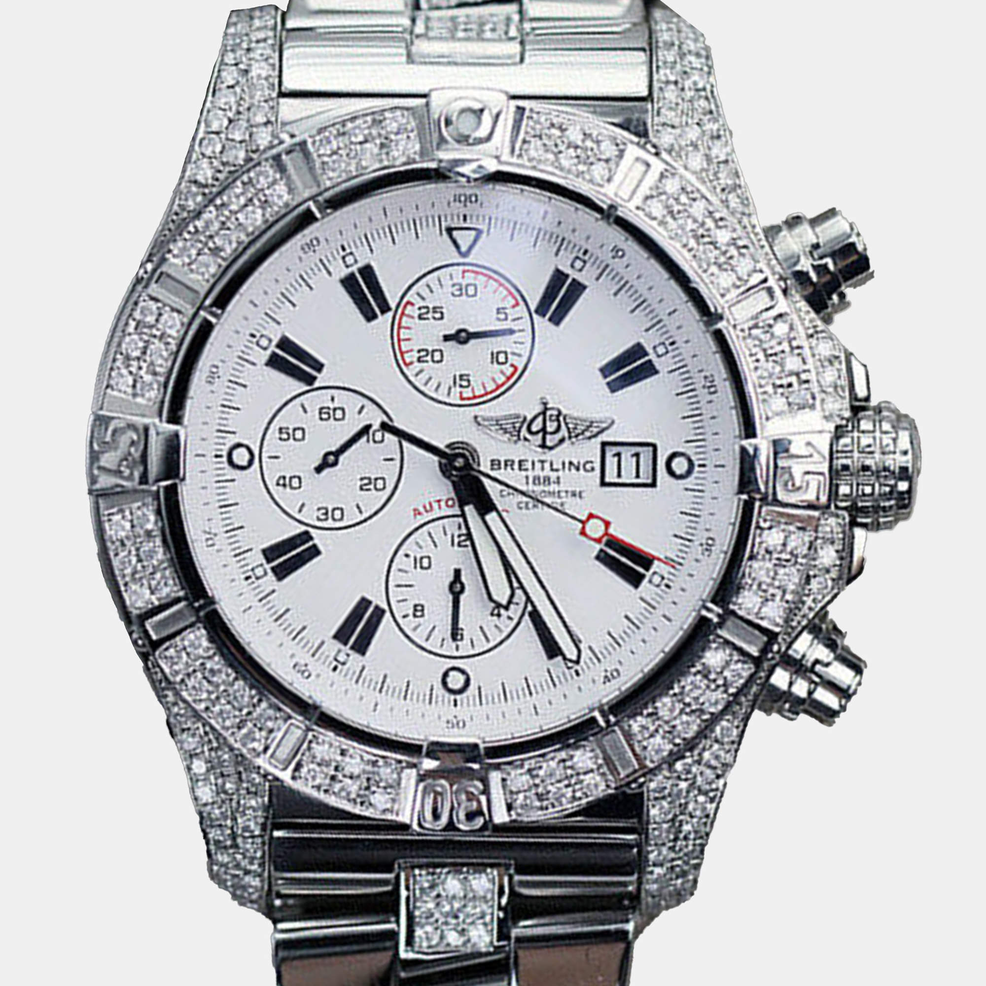 Breitling Customised White 7.00 Ct Diamond Stainless Steel Super Avenger A13370 Automatic Men's Wristwatch 48 mm