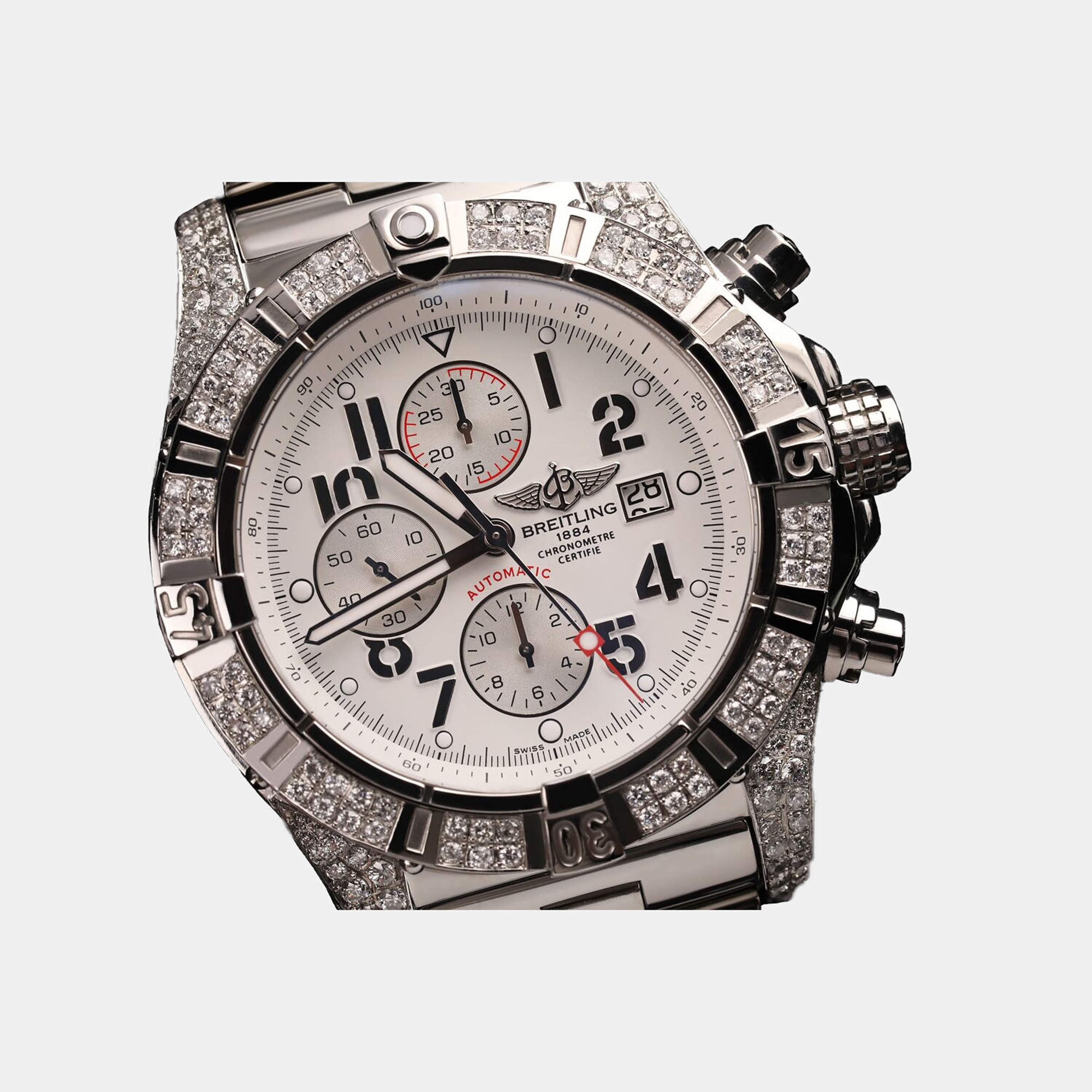Breitling Silver 11.00CT Diamond Stainless Steel Avenger A13370 Automatic Men's Wristwatch 48mm