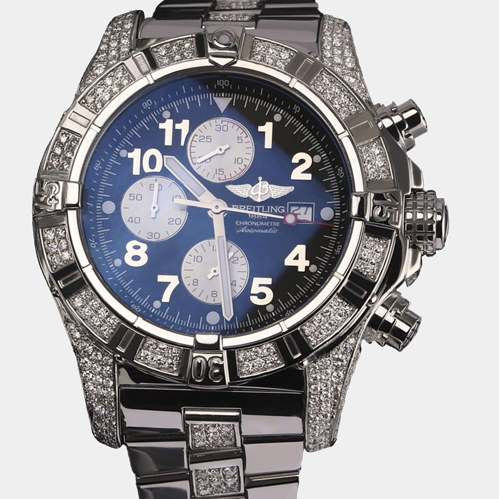 Breitling Customised Black 15.00 Ct Diamond Stainless Steel Super Avenger A13370 Automatic Men's Wristwatch 48 mm