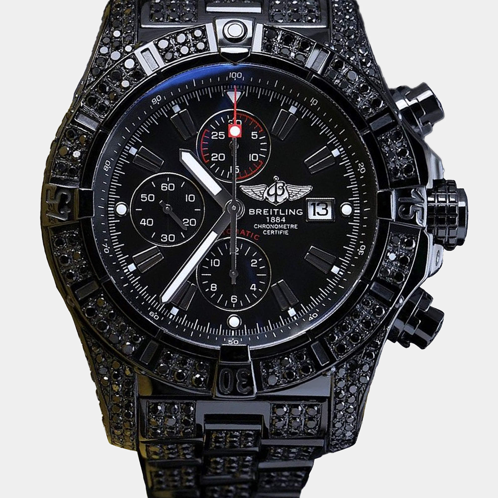 Breitling Customised Black Diamond Stainless Steel Super Avenger A13370 Automatic Men's Wristwatch 48 mm