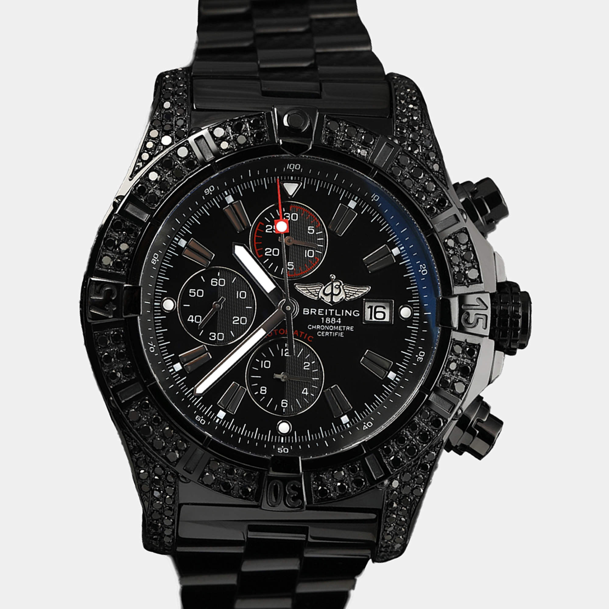 Breitling Customised Black Diamond Stainless Steel Super Avenger A13370 Automatic Men's Wristwatch 48 mm