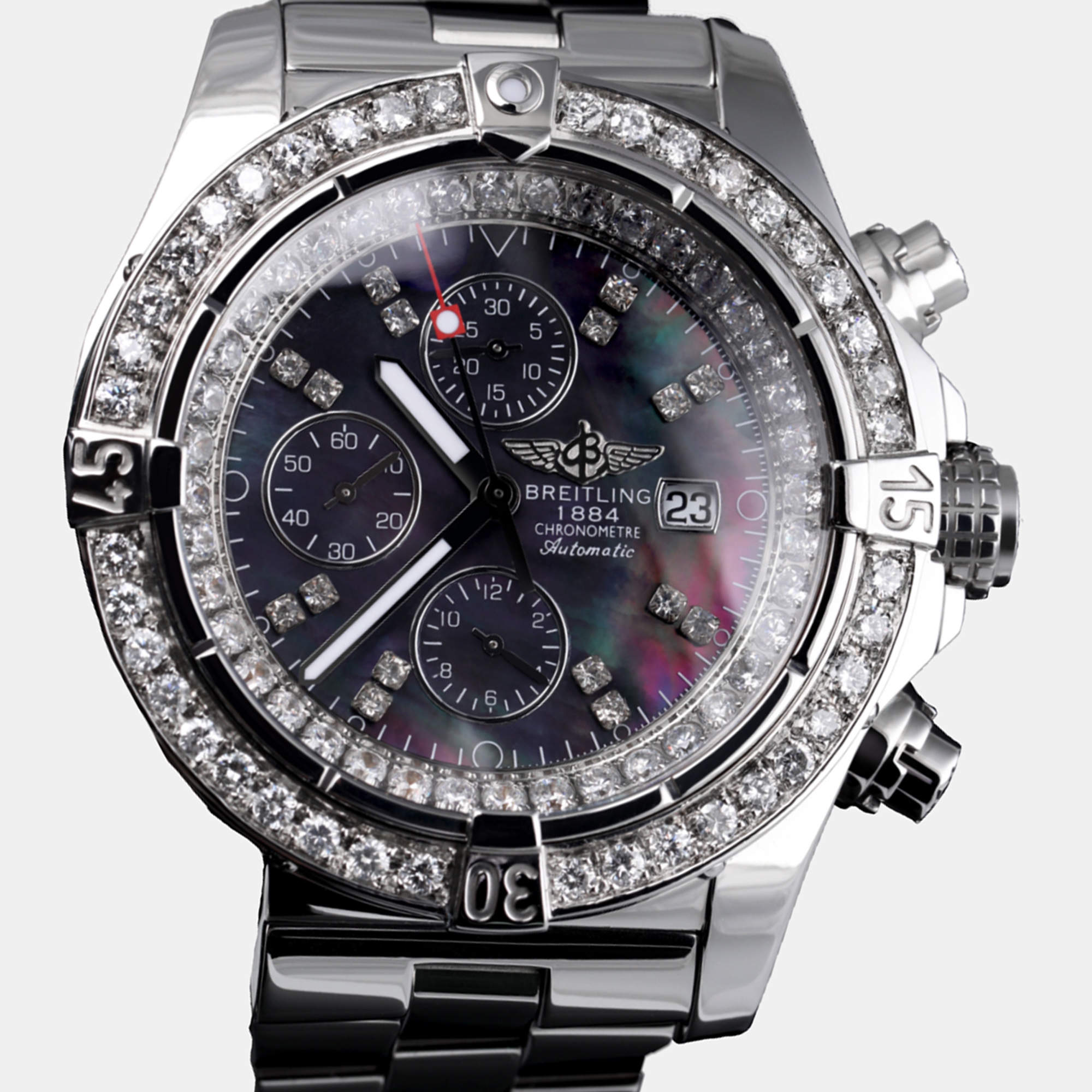 Breitling Customised Black MOP Diamond Stainless Steel Super Avenger A13370 Automatic Men's Wristwatch 48 mm