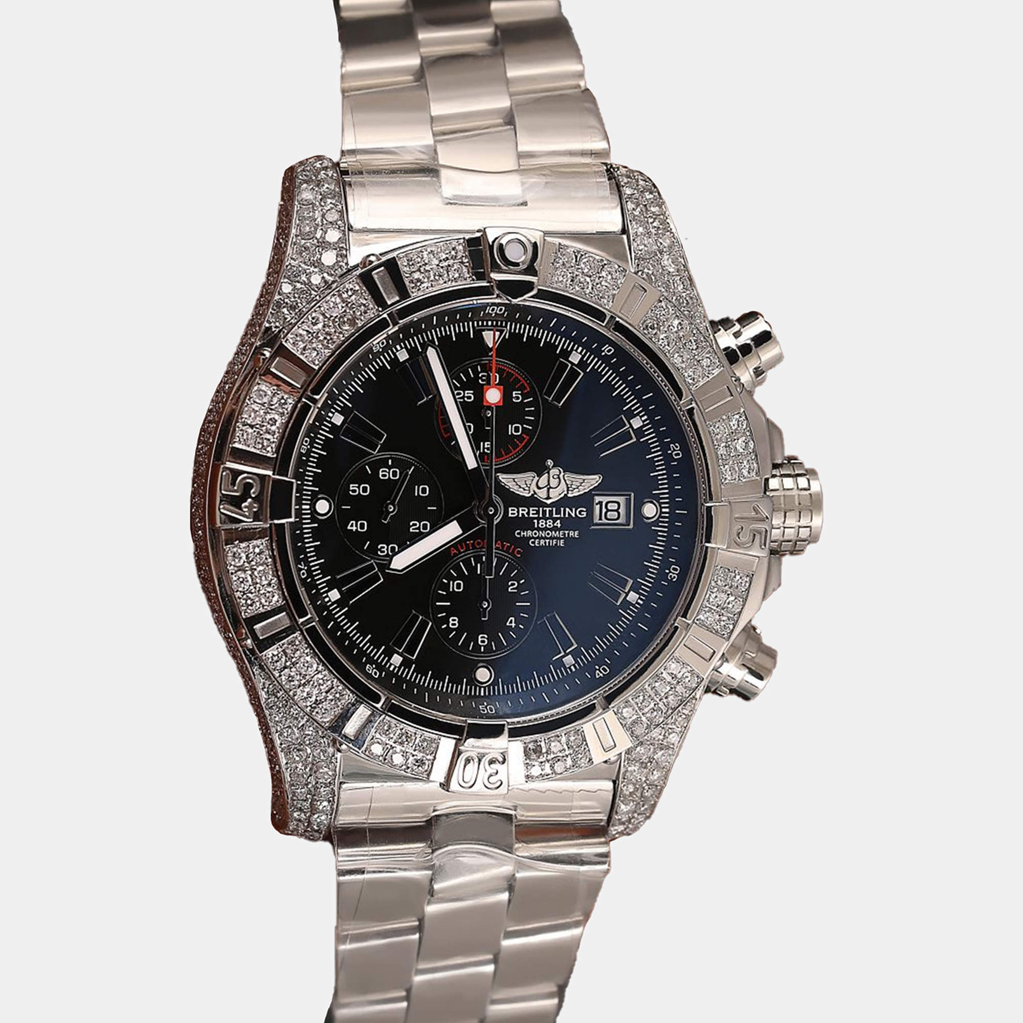 Breitling Customised Black Diamond Stainless Steel Super Avenger A1337011 Automatic Men's Wristwatch 48 mm