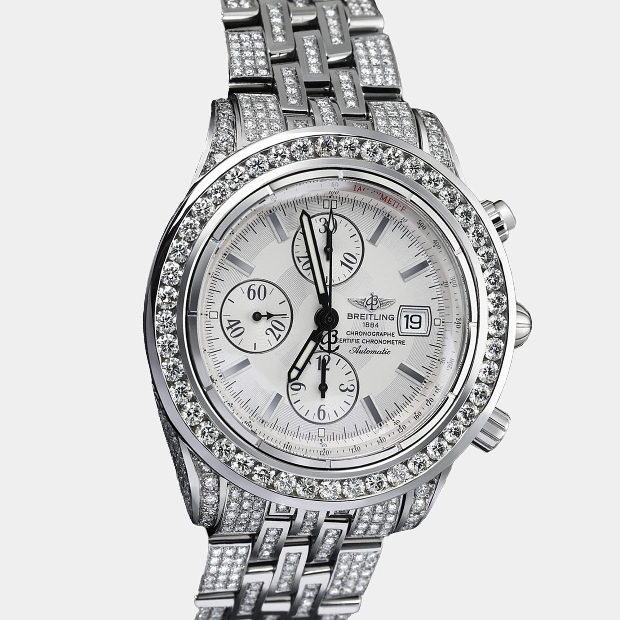 Breitling Customised White 15CT Diamond Stainless Steel Super Avenger A13370 Automatic Men's Wristwatch 44mm