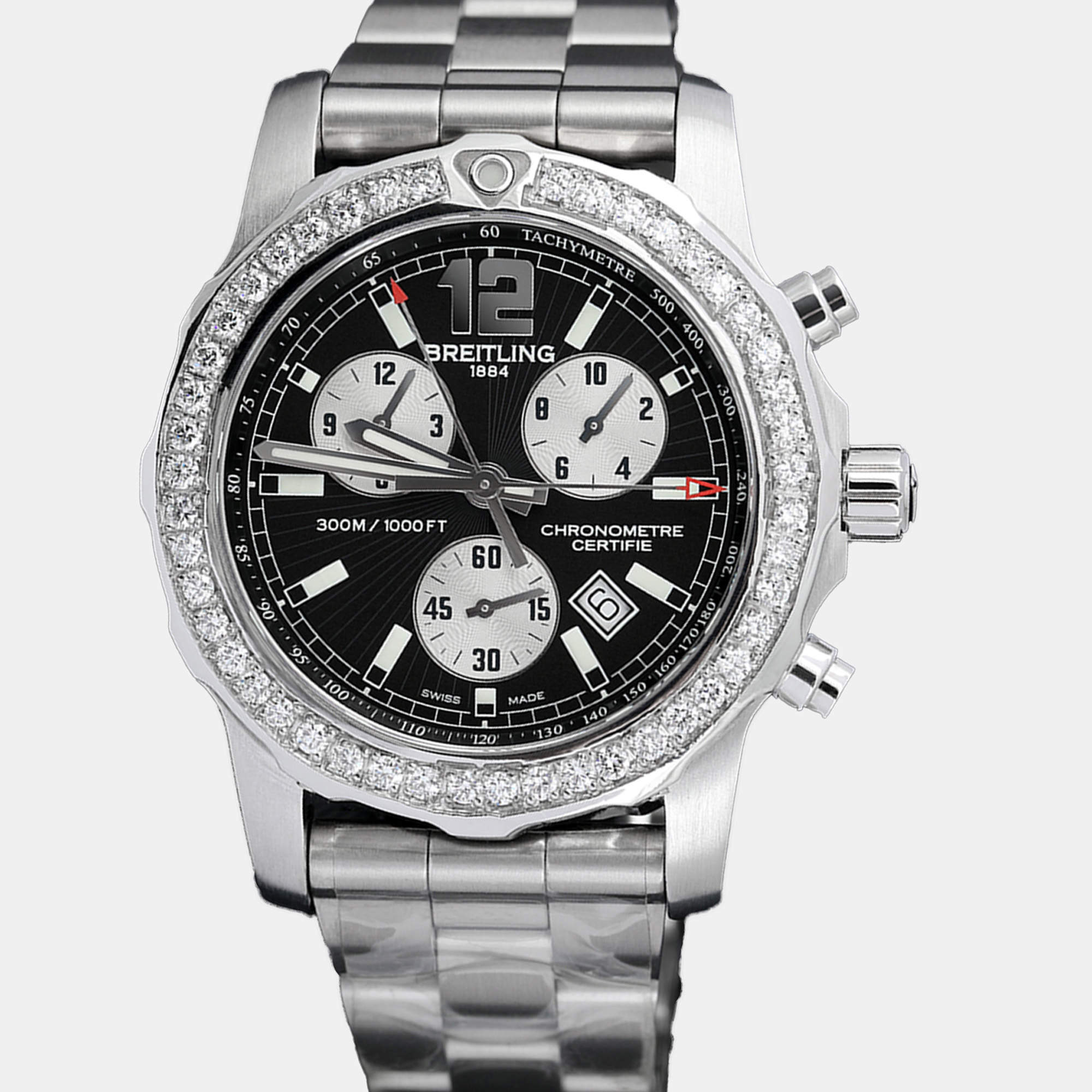Breitling Customised Black Diamond Stainless Steel Colt Quartz Men's Wristwatch 44 mm