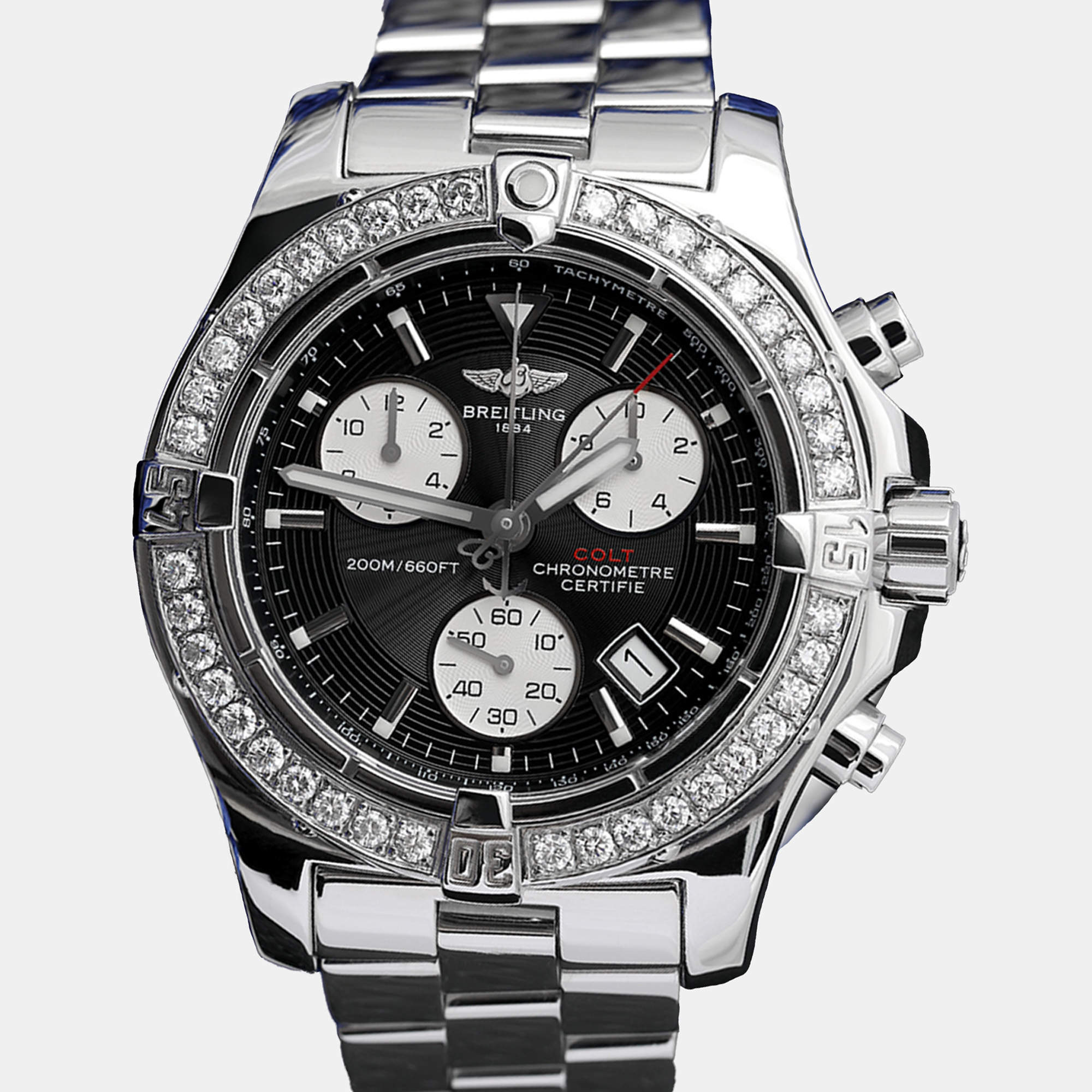 Breitling Customised Black Diamond Stainless Steel Colt A73380 Quartz Men's Wristwatch 41 mm