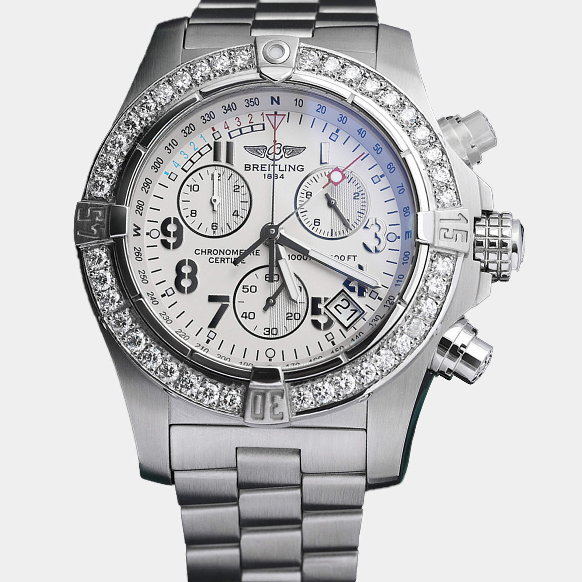Breitling Customised White Diamond Stainless Steel Avenger Seawolf A73390 Quartz Men's Wristwatch 45 mm