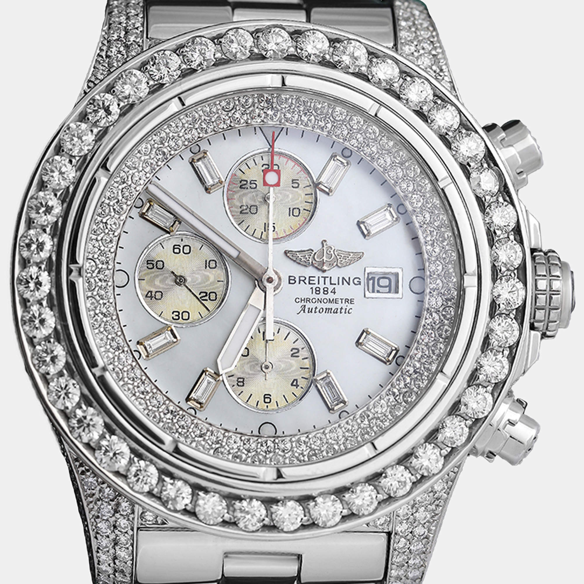Breitling Customised White MOP Diamond Stainless Steel Super Avenger A13370 Automatic Men's Wristwatch 48 mm