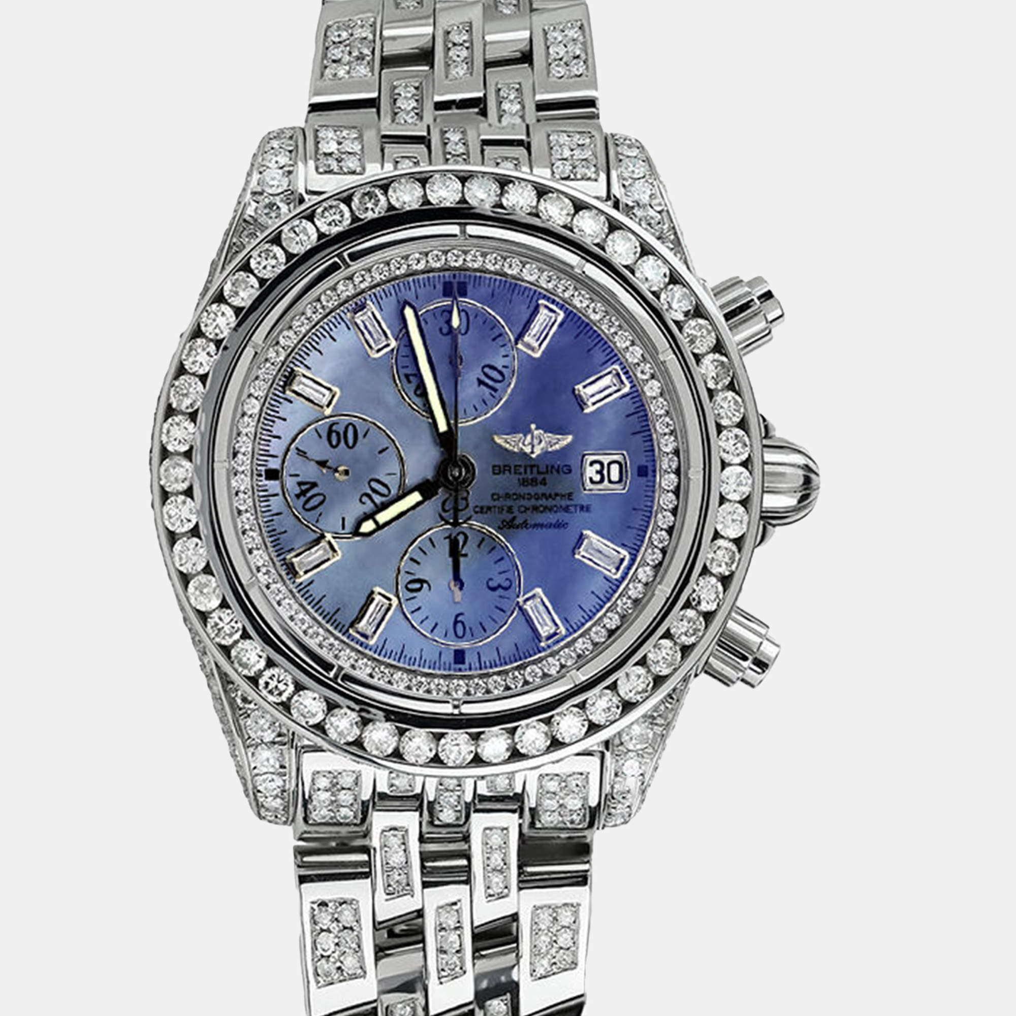 Breitling Customised Blue MOP 15.00 Ct Diamond Stainless Steel Evolution  A13356 Automatic Men's Wristwatch 44 mm