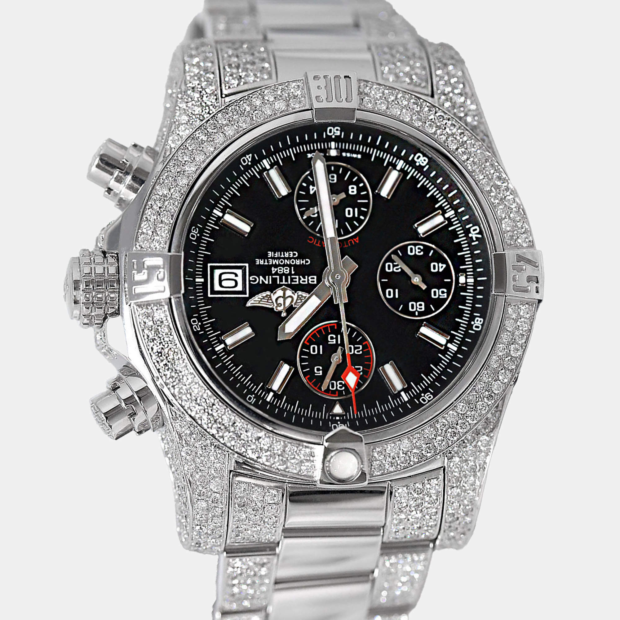 Breitling Customised Black Diamond Stainless Steel Avenger II A13381 Automatic Men's Wristwatch 43mm