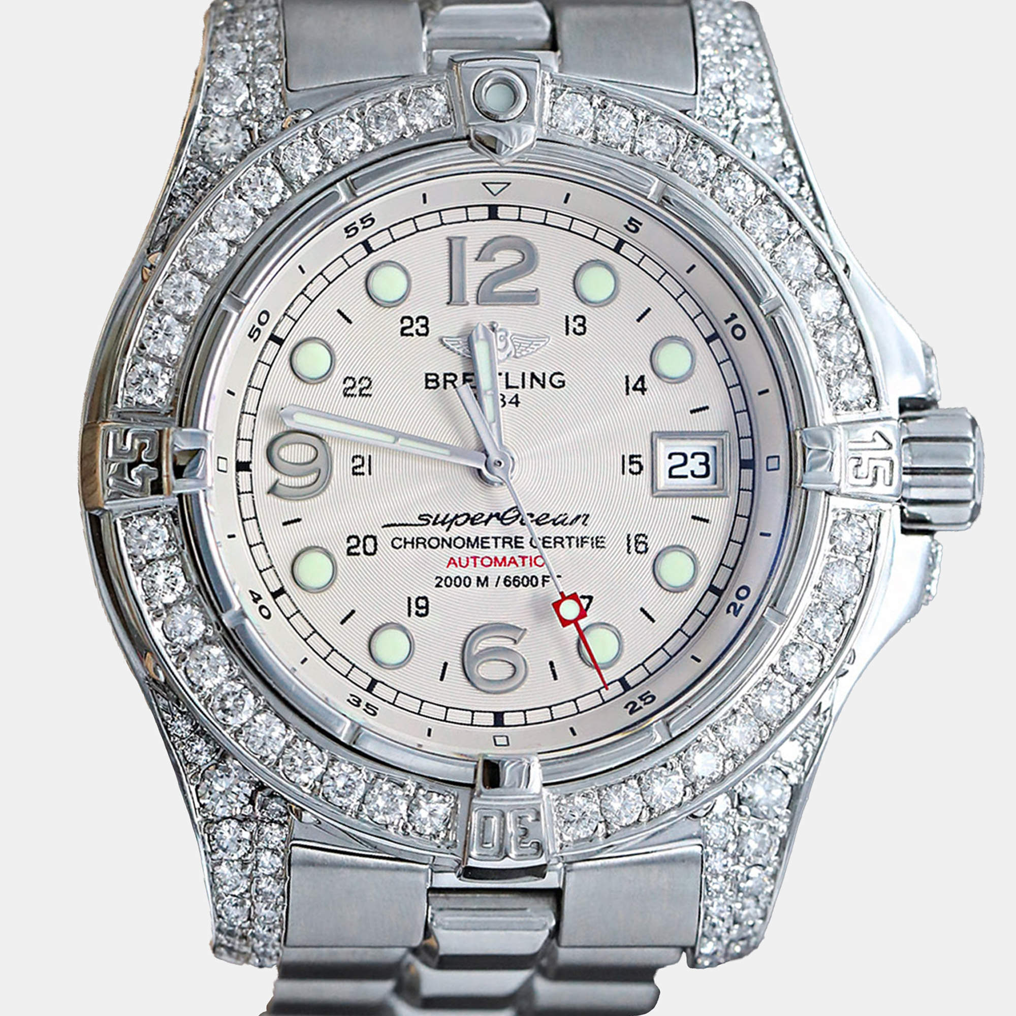 Breitling Customised Ivory Diamond Stainless Steel Superocean A17390 Automatic Men's Wristwatch 44 mm