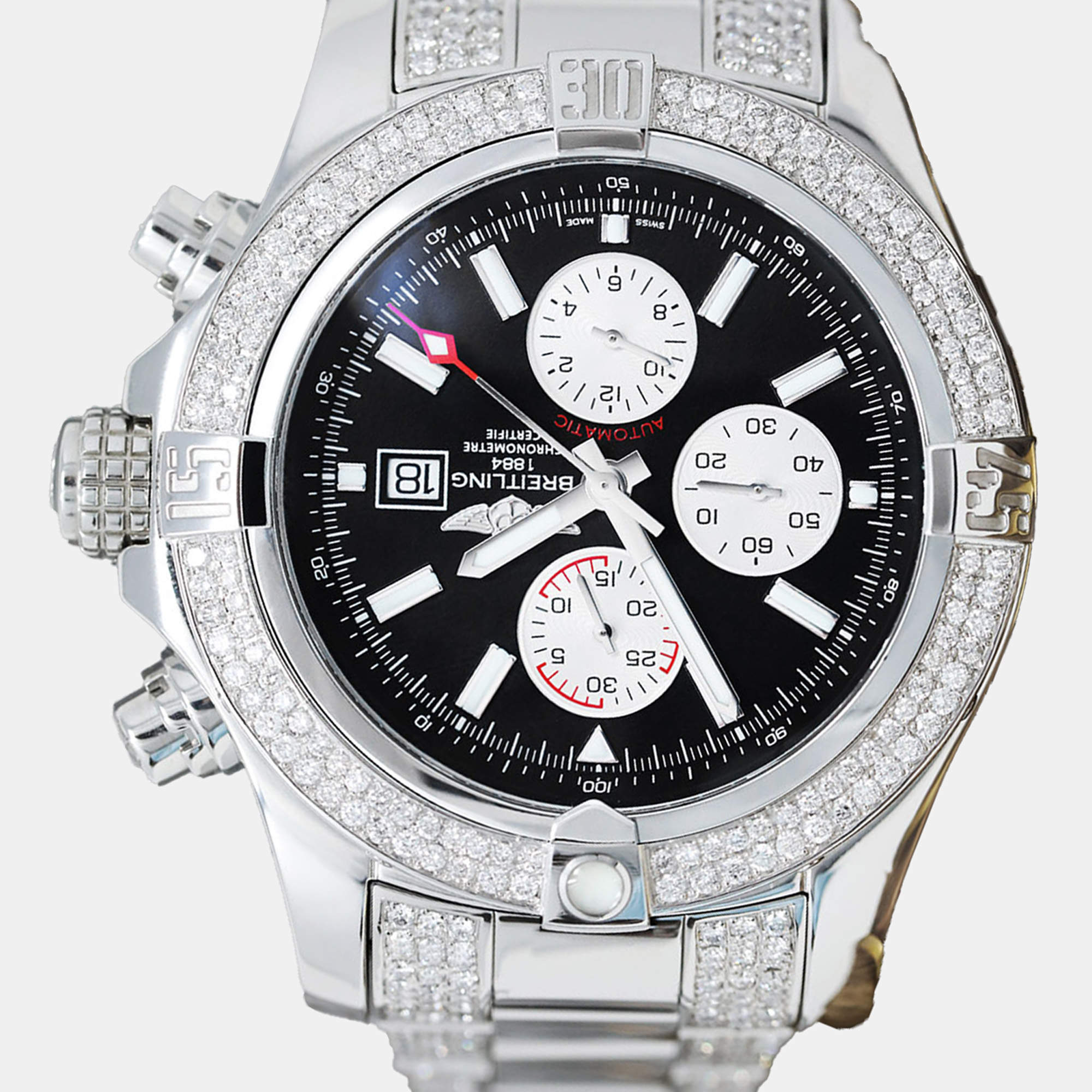 Breitling Customised Black  8.00 Ct Diamond Stainless Steel Super Avenger A13371 Automatic Men's Wristwatch 48mm