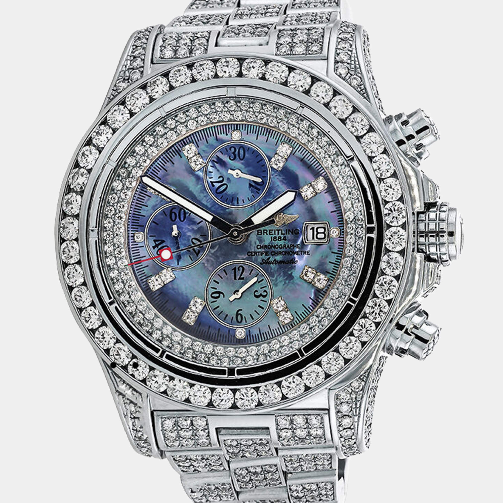 Breitling Customised Black MOP Diamond Stainless Steel Super Avenger A13370 Automatic Men's Wristwatch 48 mm