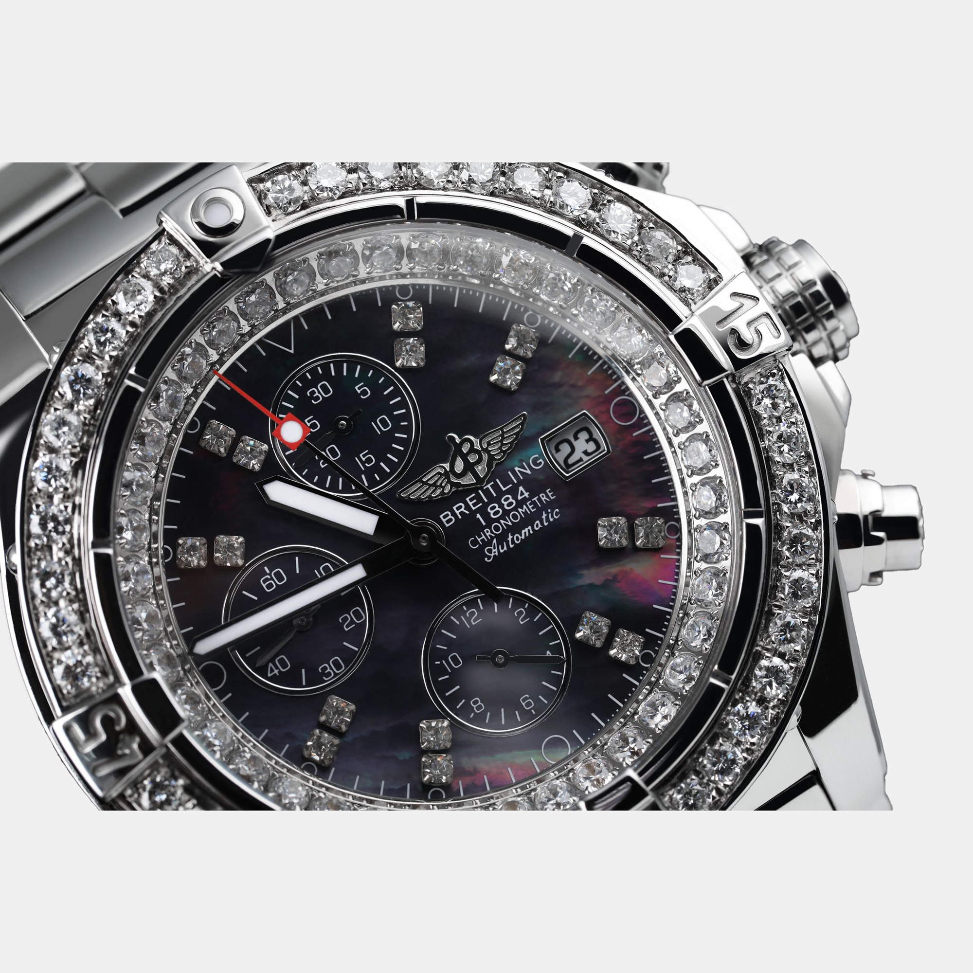 Breitling Customised Black MOP Diamond Stainless Steel Super Avenger Automatic Men's Wristwatch 48 mm