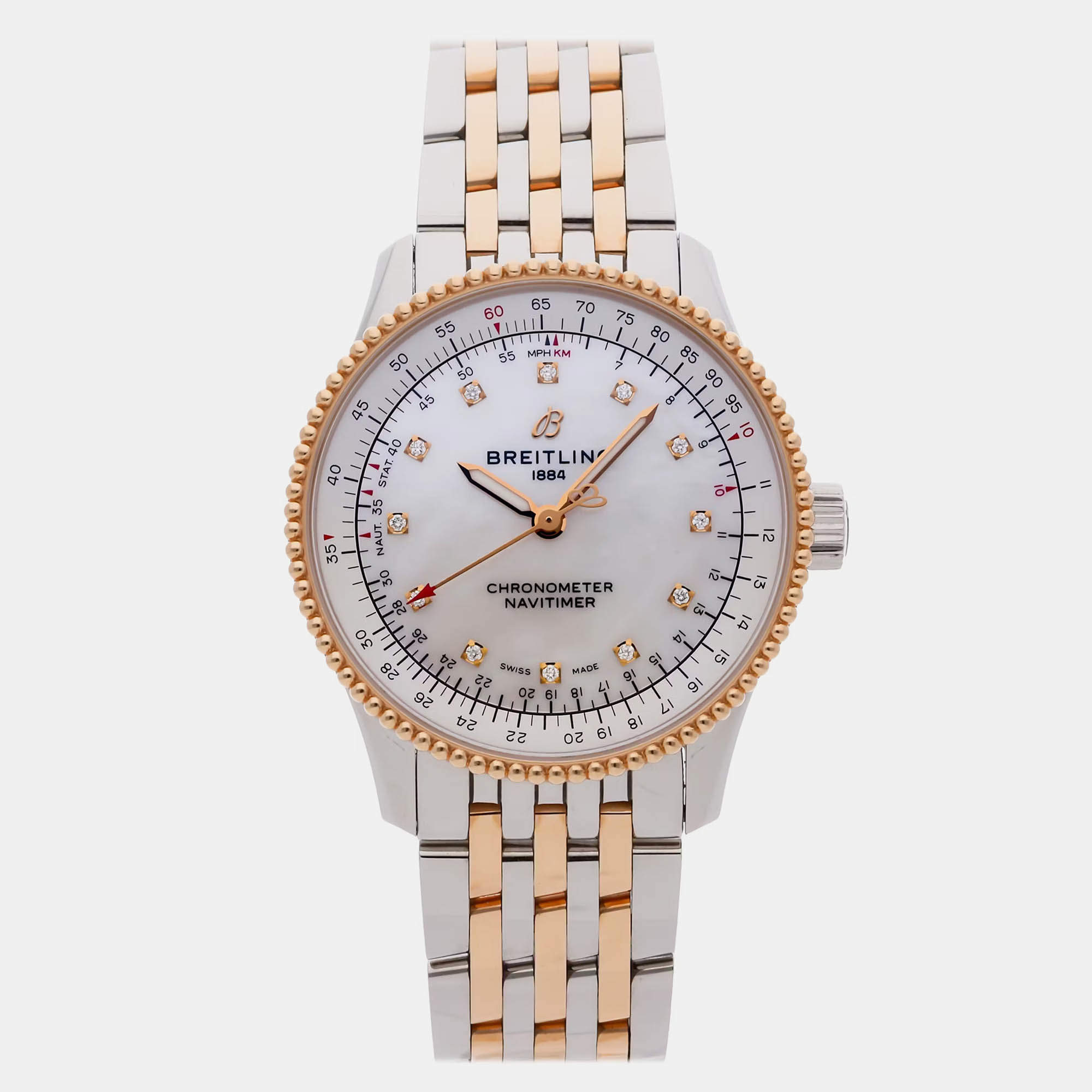Pre Owned Breitling Navitimer U17395211A1U1 Automatic White MOP Stainless Steel 18k Rose Gold Women’s Wristwatch 35 mm