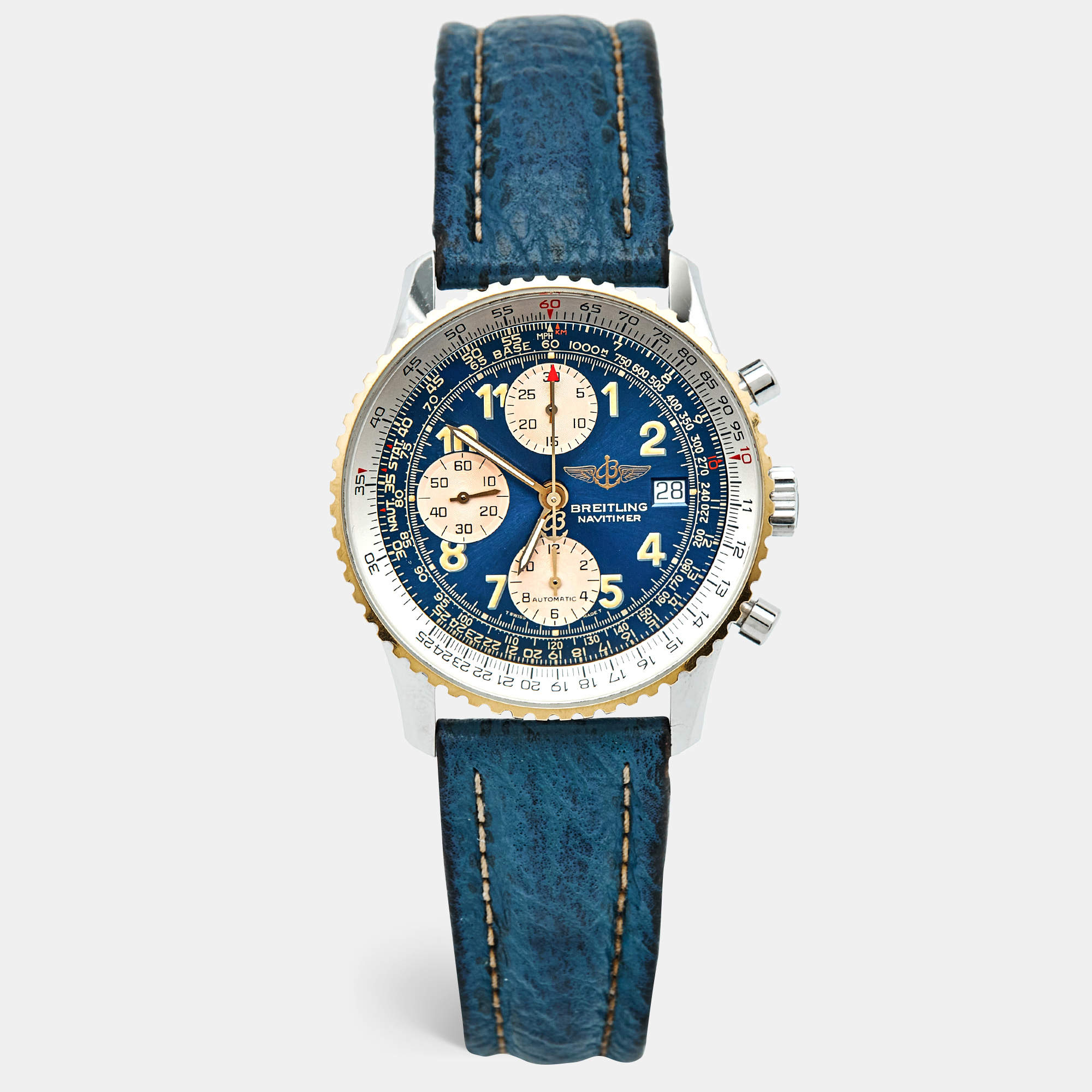 Pre Owned Breitling Navitimer D13022 Blue Dial 18K Yellow Gold Stainless Steel Leather Men's Wristwatch 41 mm