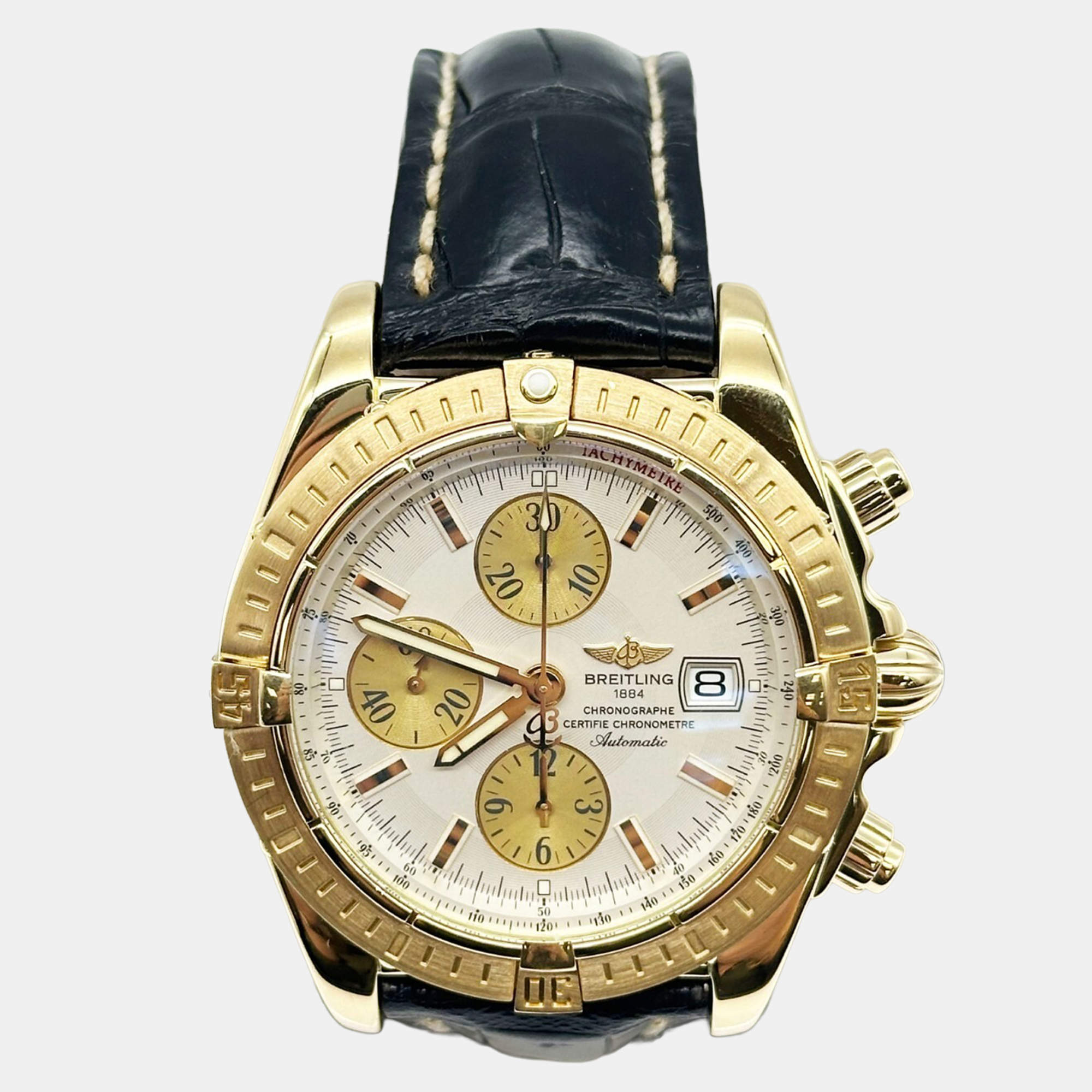 Pre Owned Breitling Chronomat K13356 Automatic White 18k Yellow Gold Men's Wristwatch 44 mm