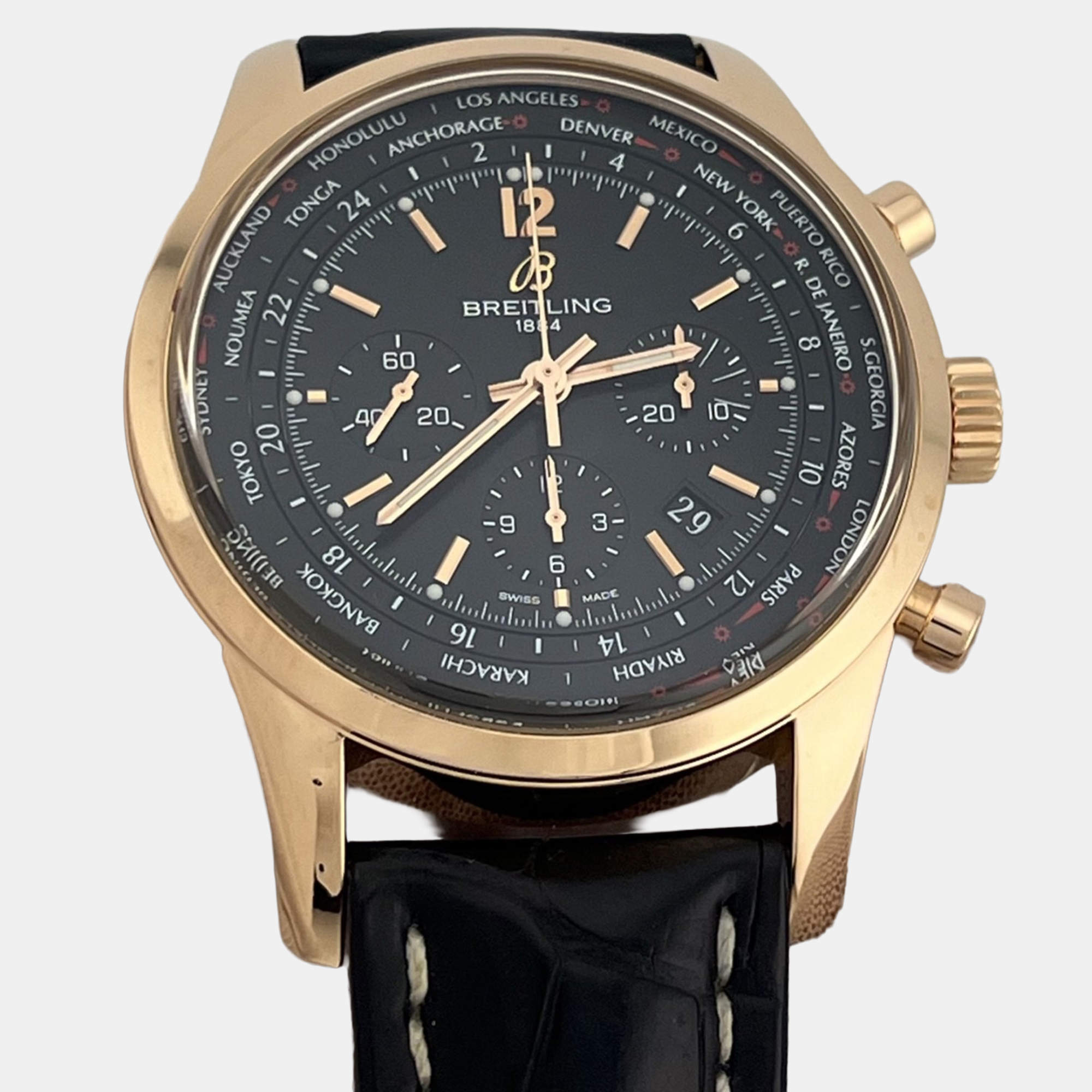 Pre Owned Breitling Transocean Unitime RB0510 Automatic Black 18k Rose Gold Men's Wristwatch 46 mm