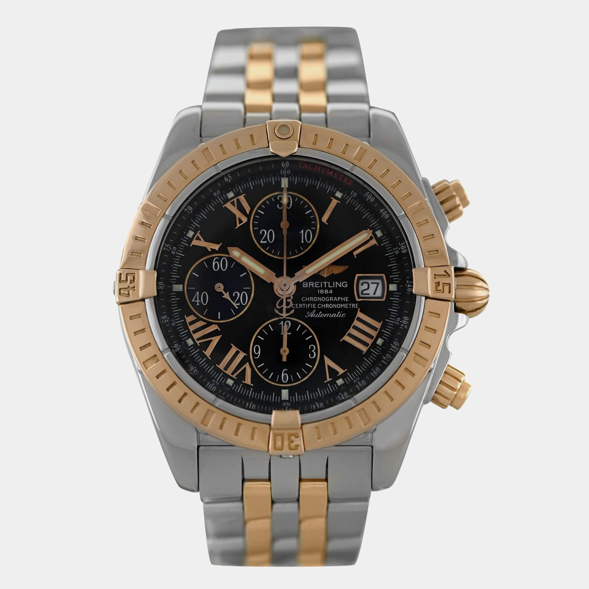 Pre Owned Breitling Chronomat Evolution C13356 Automatic Black 18k Yellow Gold Stainless Steel Men's Wristwatch 44 mm