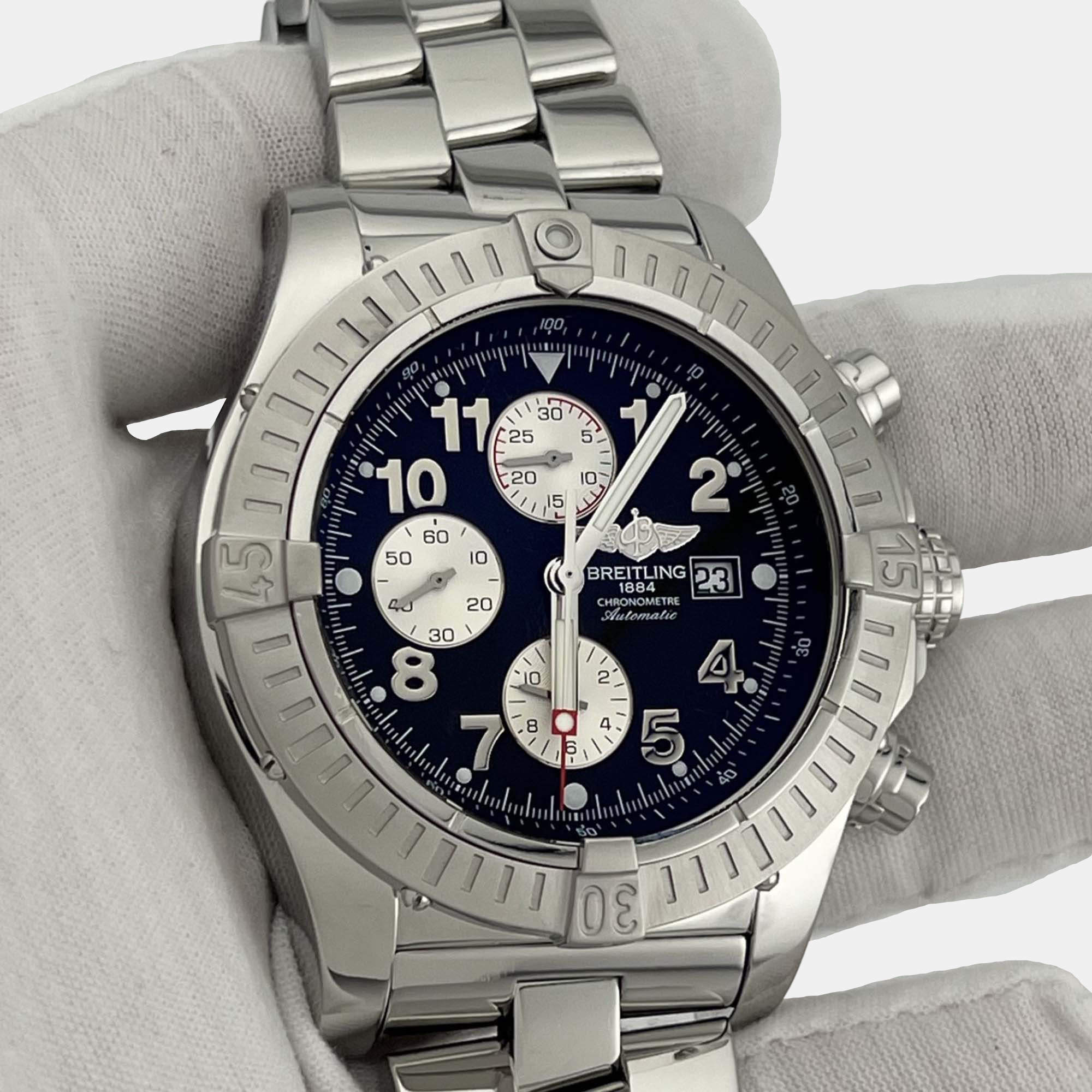 Pre Owned Breitling Super Avenger A13370 Automatic Black Stainless Steel Men's Wristwatch 48 mm
