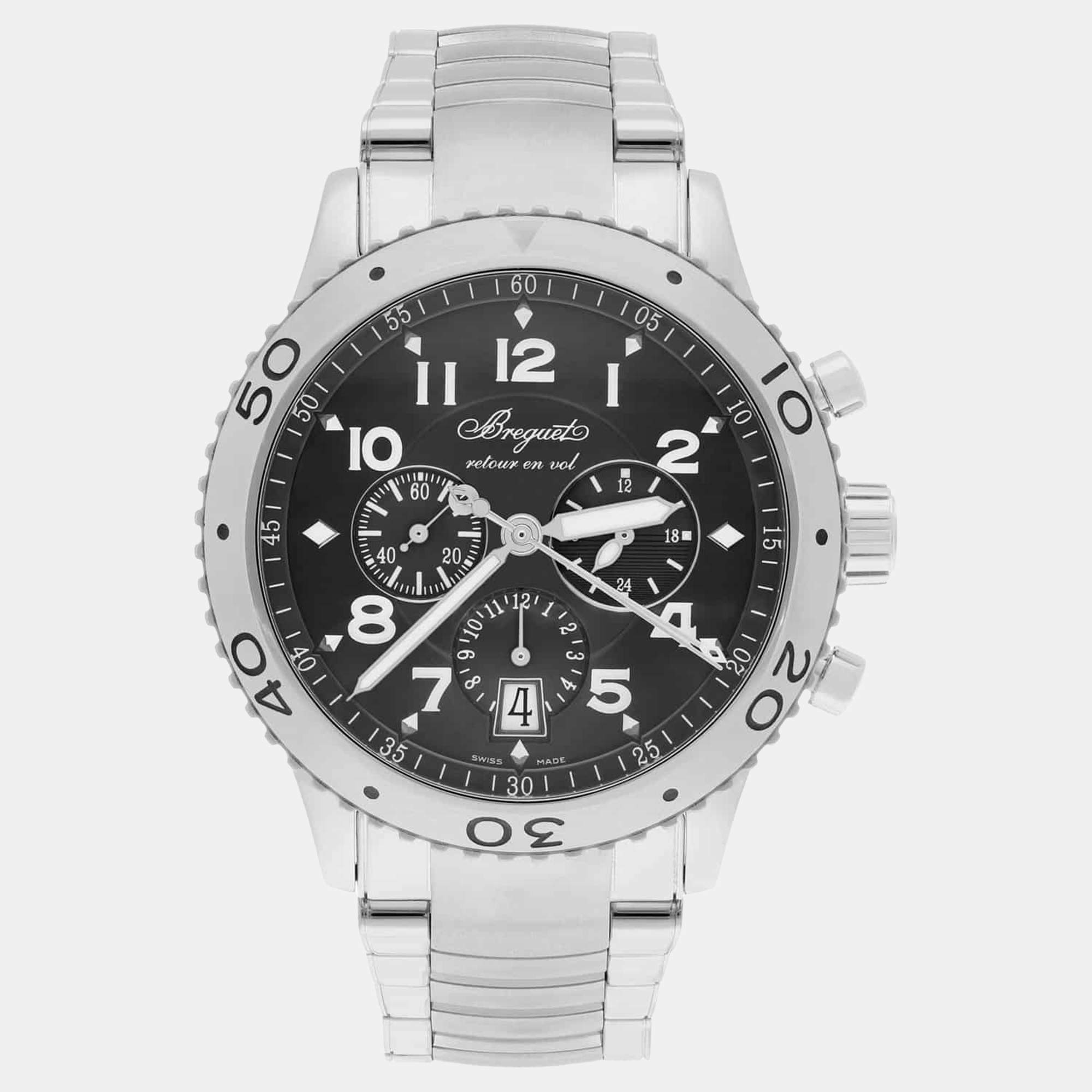 Pre Owned Breguet Transatlantique Type XXI Flyback 3810ST/92/SZ9 Automatic Black Dial Stainless Steel Men's Wristwatch 42 mm