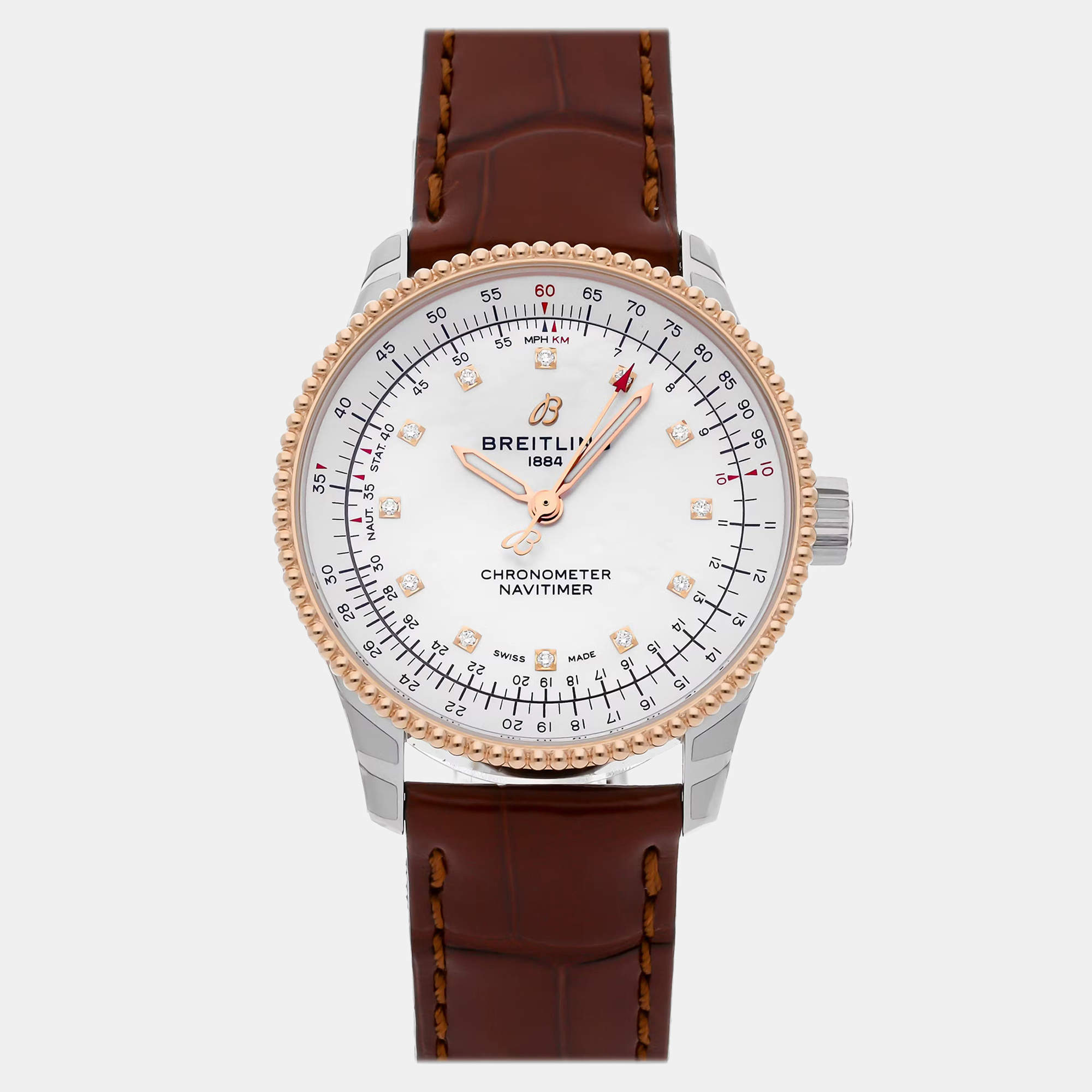 مملوكة مسبقًا Pre-Owned Breitling Navitimer U17395211A1P2 Silver Automatic 18k Rose Gold, Stainless Steel Men's Wristwatch 35 MM