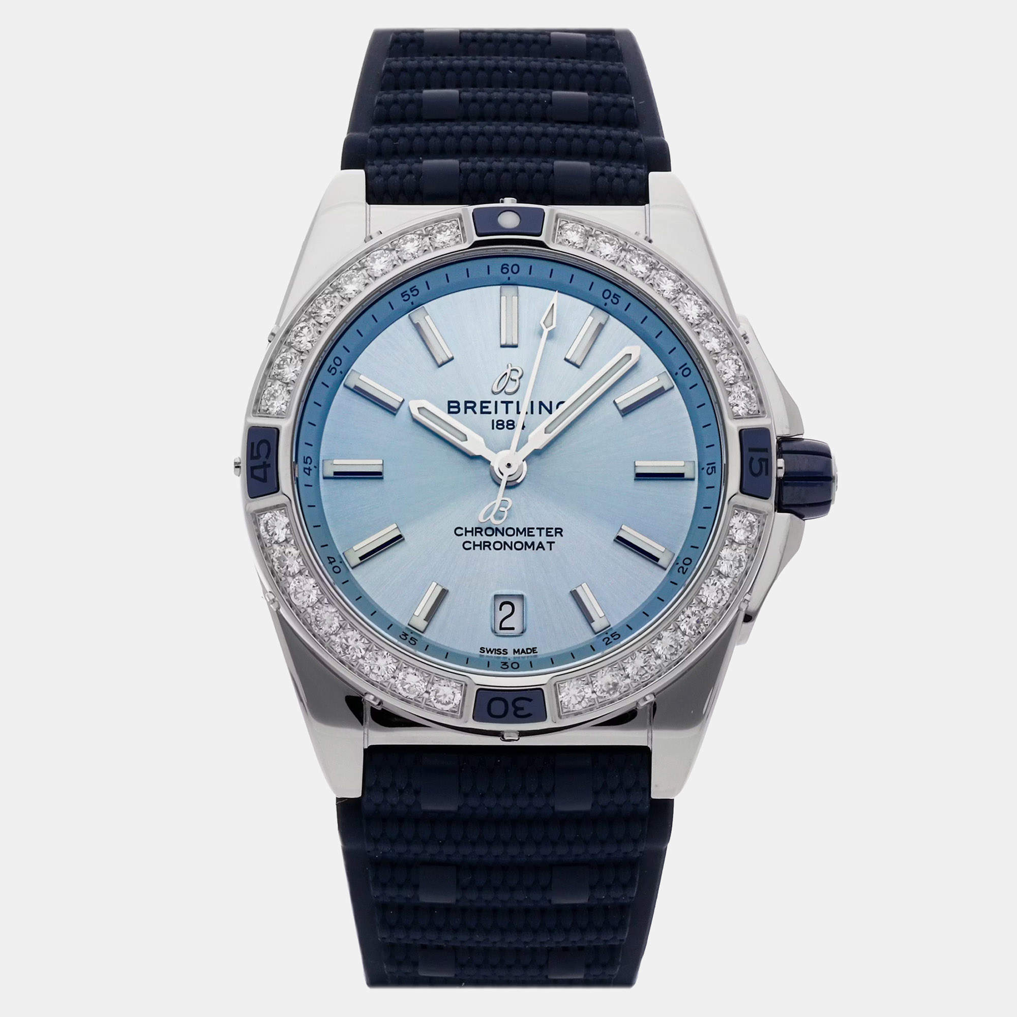 Pre Owned Pre-Owned Breitling Super Chronomat A17356531C1S1 Blue Automatic Diamond Stainless Steel Men's Wristwatch 38 MM