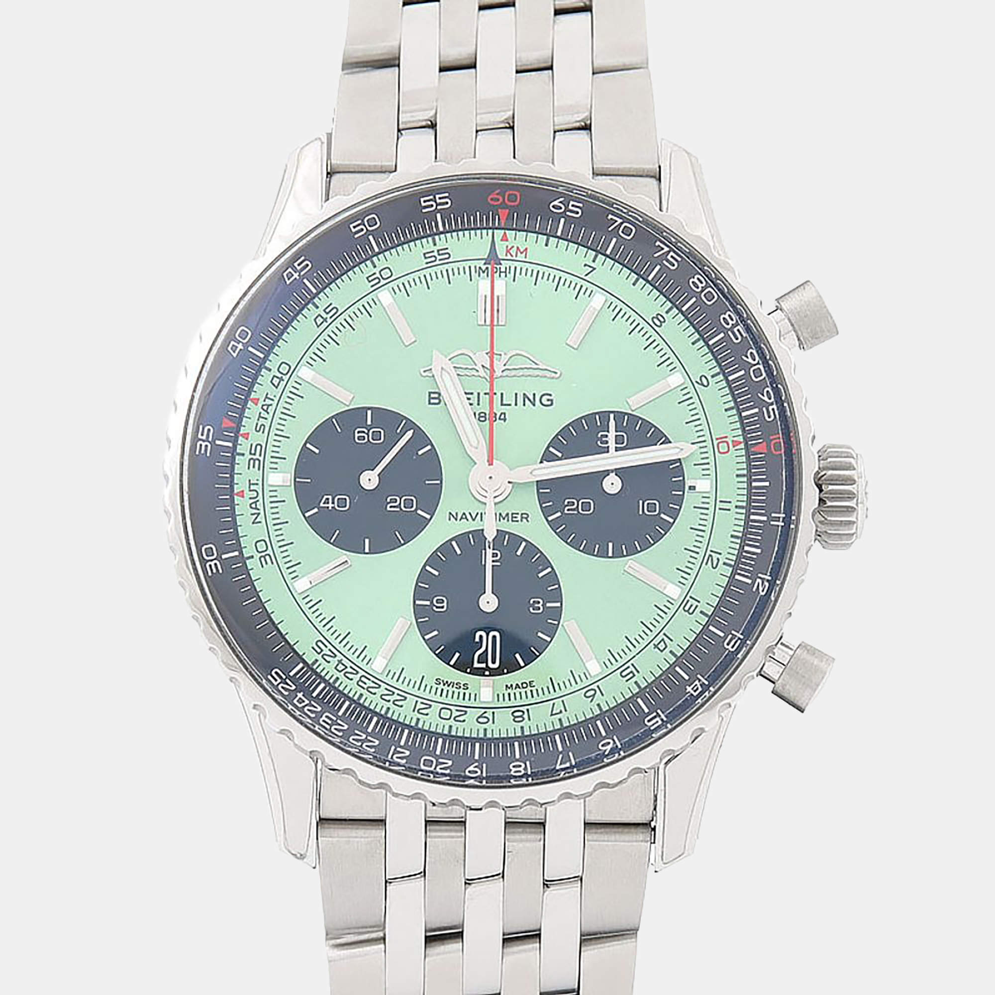 Pre Owned ساعة يد رجالية بريتلينغ نافيتايمر AB0138241L1A1 خضراء ستانلس ستيل أوتوماتيك 43 ملم