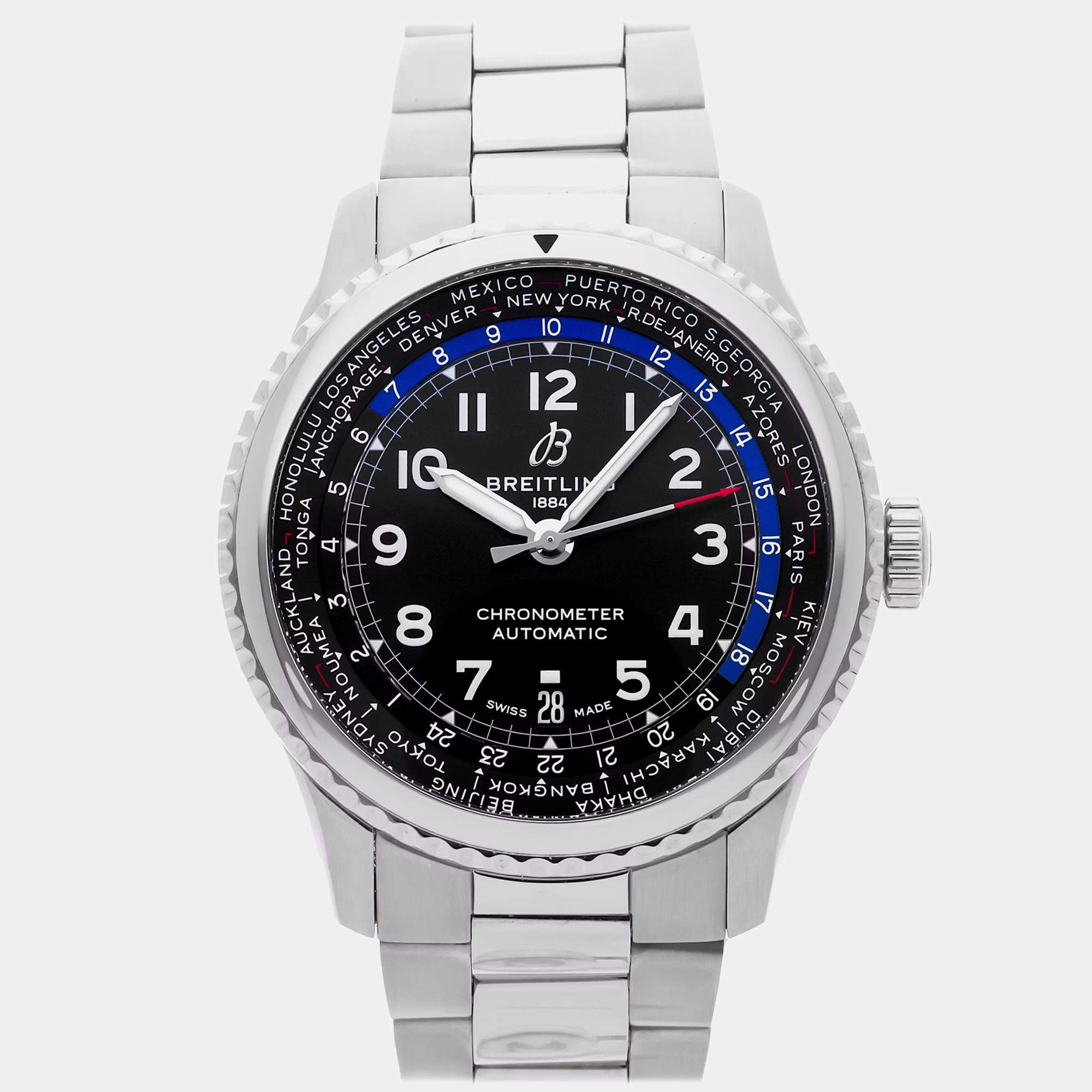 مملوكة مسبقًا Breitling Aviator 8 B35 Unitime 43 AB3521U41B1A1 Black Stainless Steel Automatic Men's Wristwatch 43mm