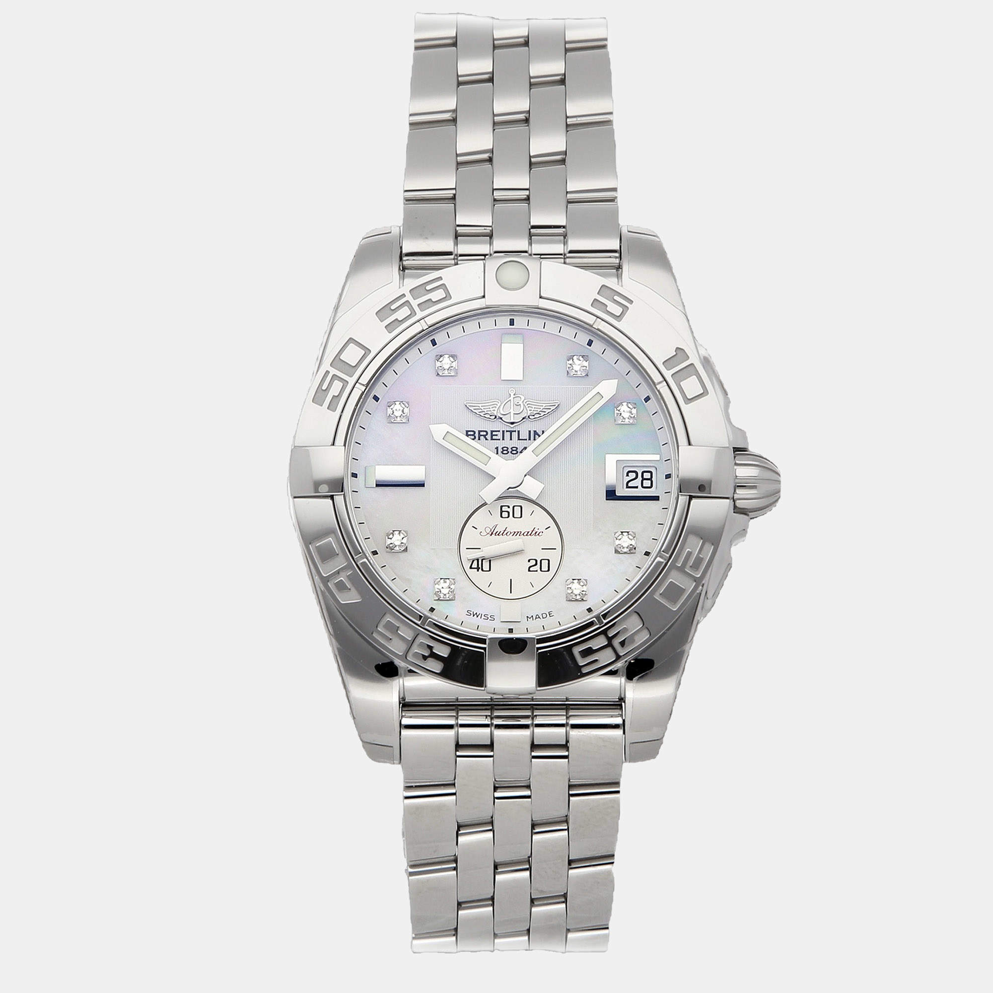 Pre Owned Breitling Galactic A37330121A1A1 White Stainless Steel, Diamond, Mother Of Pearl Automatic Men's Wristwatch 36mm