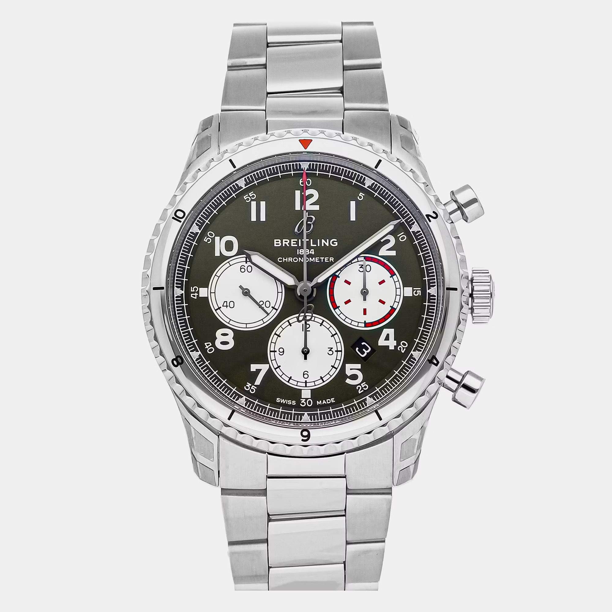 Pre Owned Breitling Aviator 8 AB01192A1L1A1 Green Stainless Steel Automatic Men's Watches 43mm