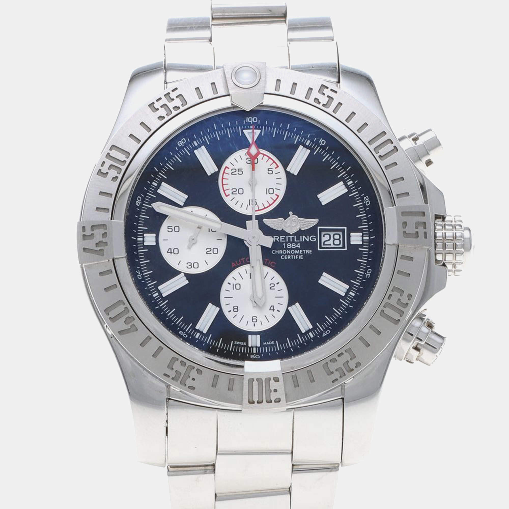 Pre Owned Breitling Super Avenger II A13371 Black Stainless Steel Automatic Men's Watches 48mm