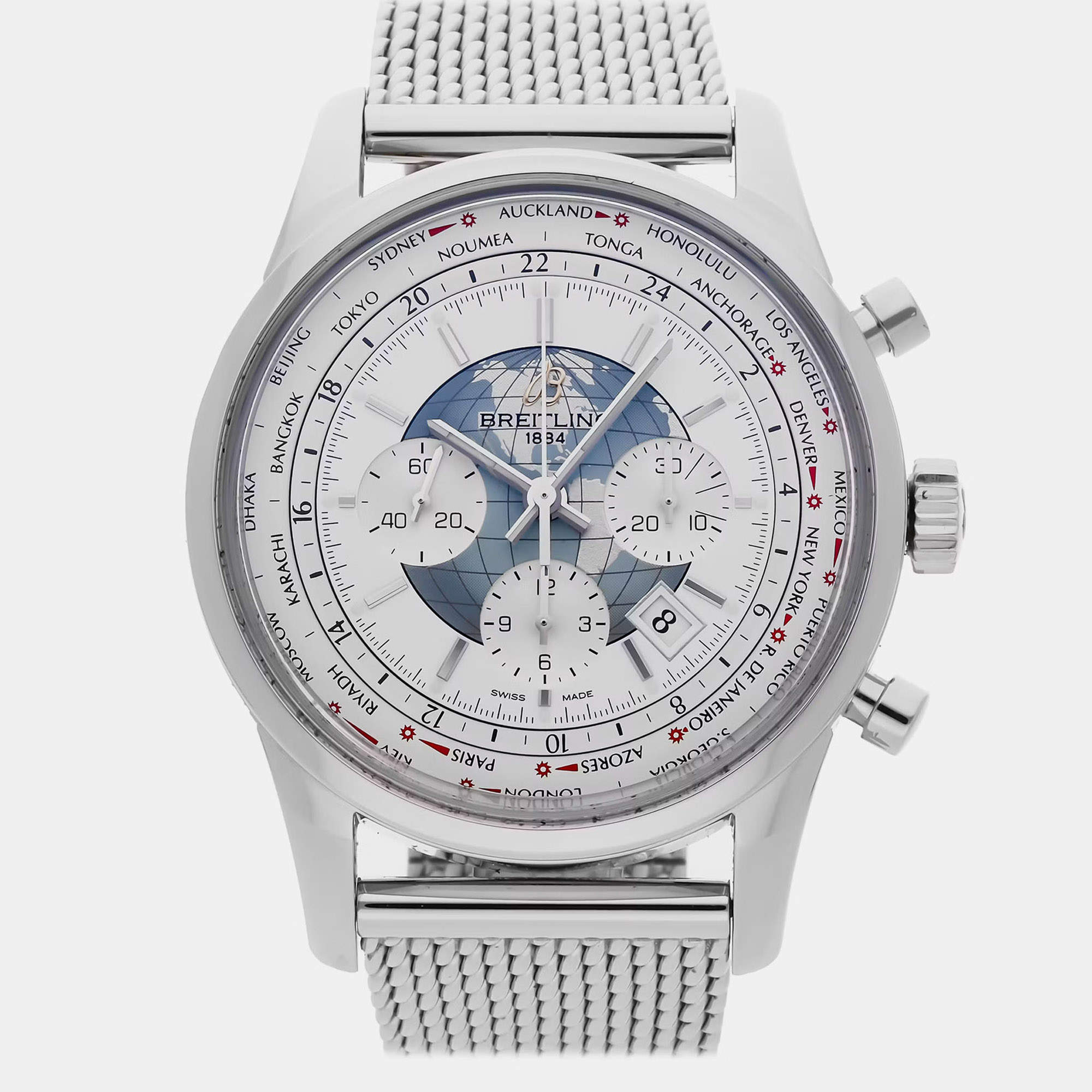 Pre Owned Breitling Transocean AB0510U0/A732 White Stainless Steel Automatic Men's Wristwatch 46mm