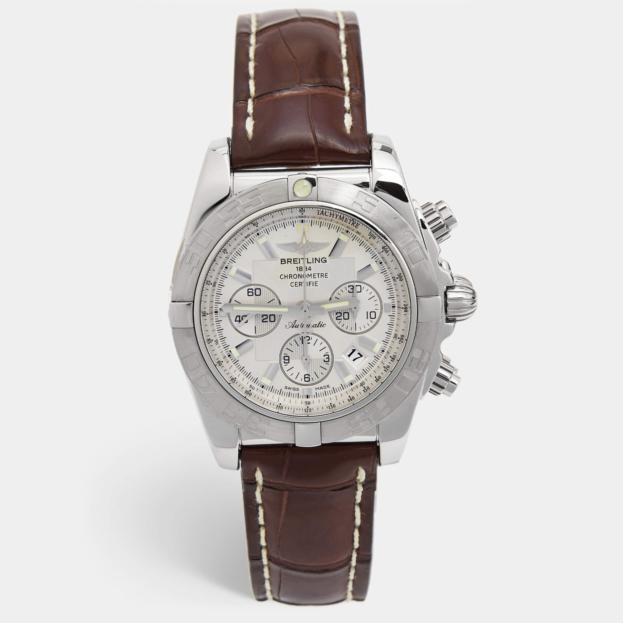 Pre Owned Breitling Silver Stainless Steel Alligator Leather Chronomat AB011011?G684 Men's Wristwatch 44 mm