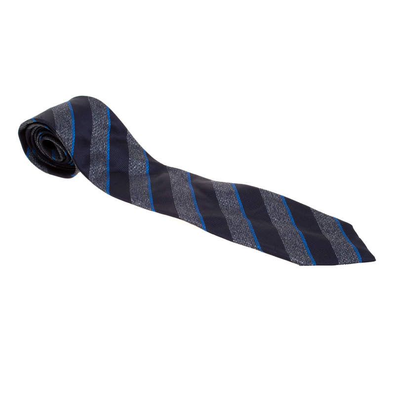 Pre Owned Brioni Navy Blue and Grey Diagonal Striped Silk Jacquard Tie