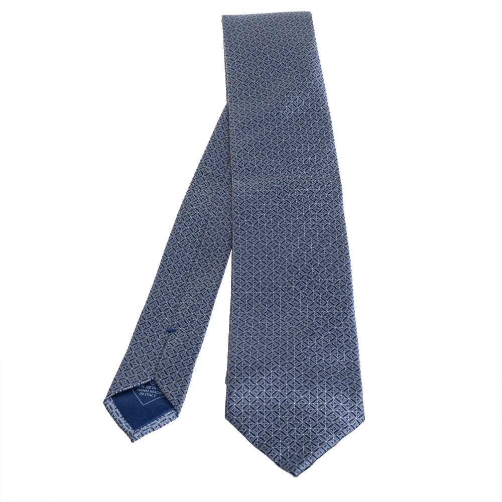 مملوكة مسبقًا Brioni Blue Geometric Patterned Silk Tie and Pocket Square Set