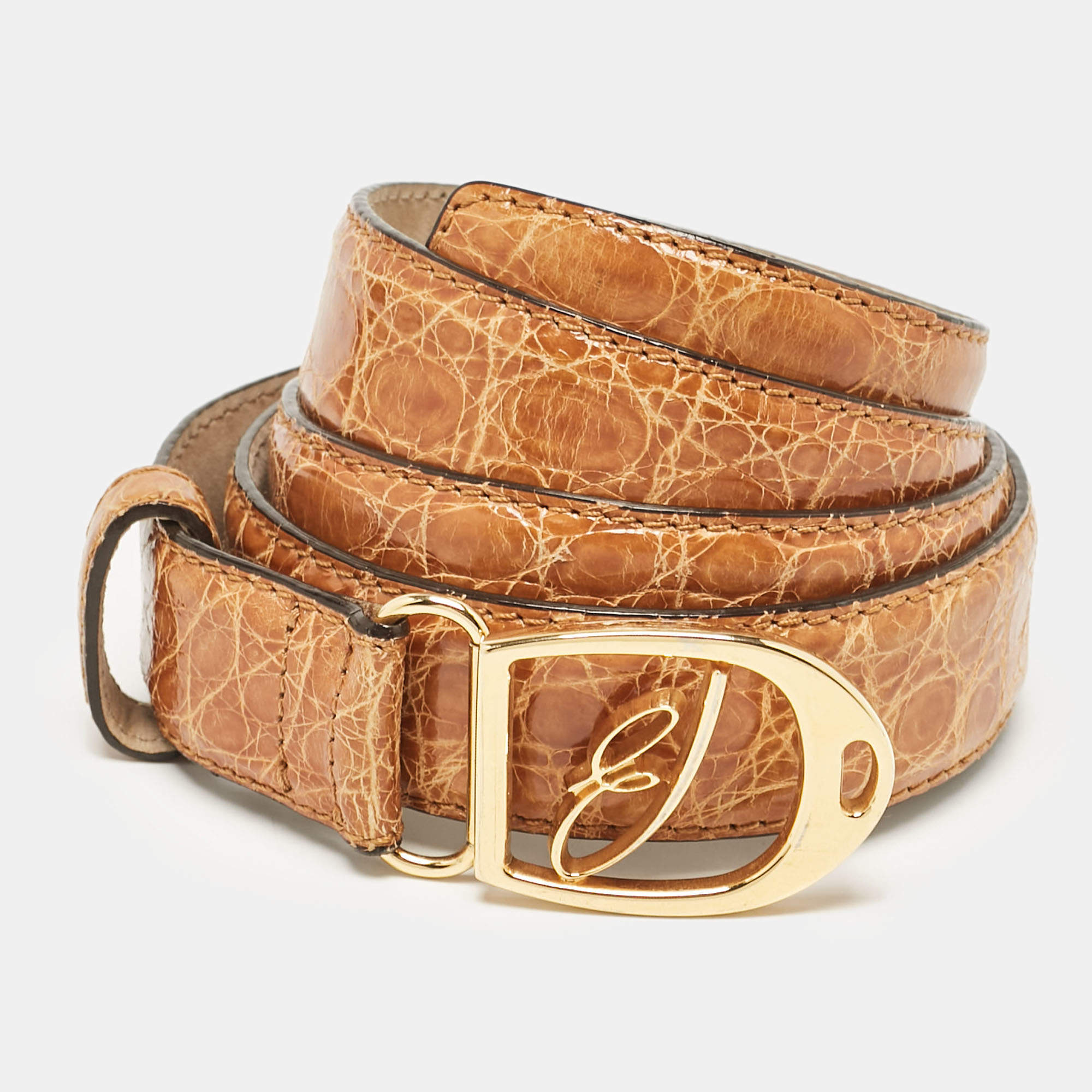 Brioni Tan Crocodile Logo Buckle Belt 100CM
