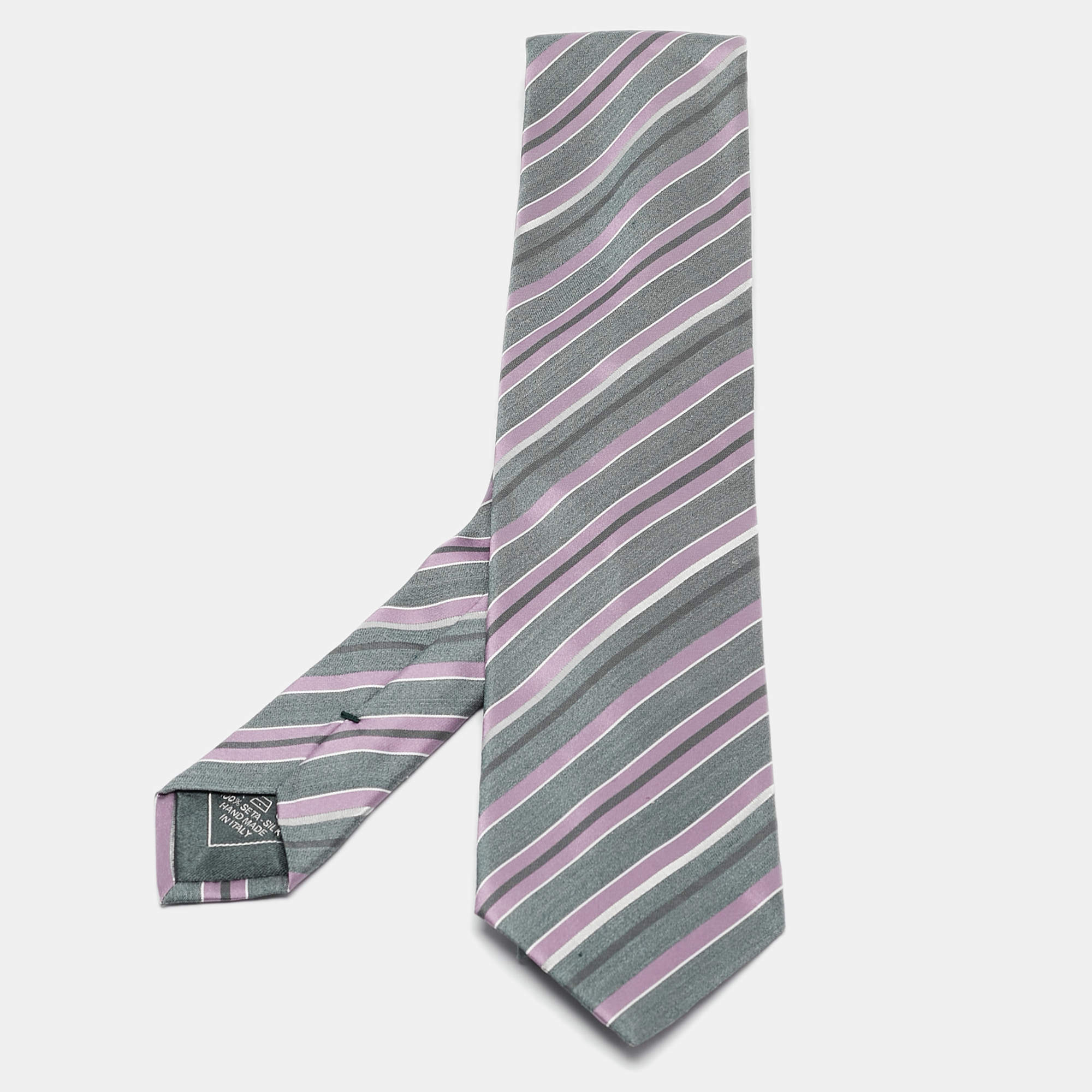 Pre Owned Brioni Grey/Purple Diagonal Striped Silk Classic Tie