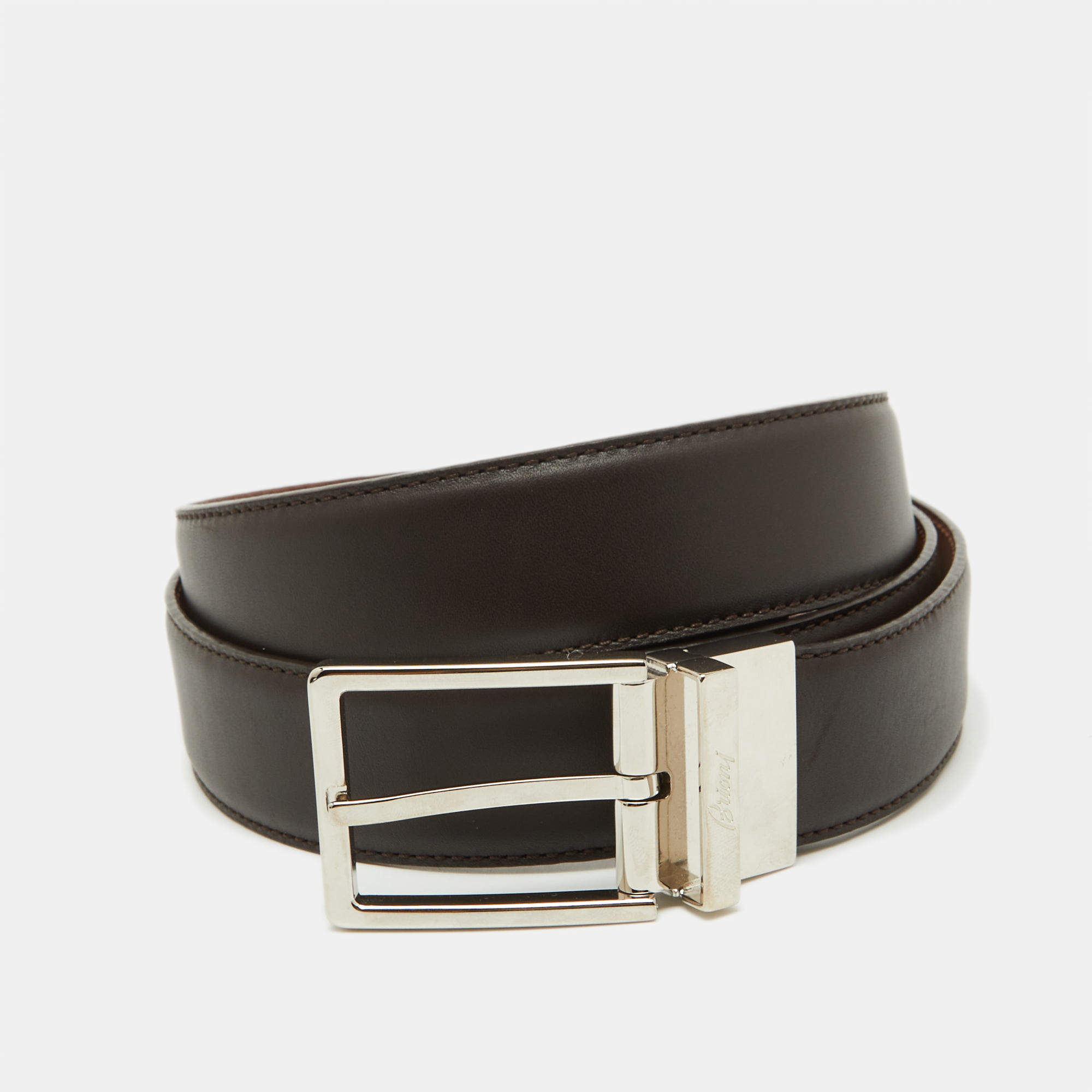 مملوكة مسبقًا Brioni Dark Brown Leather Cut to Size Reversible Buckle Belt