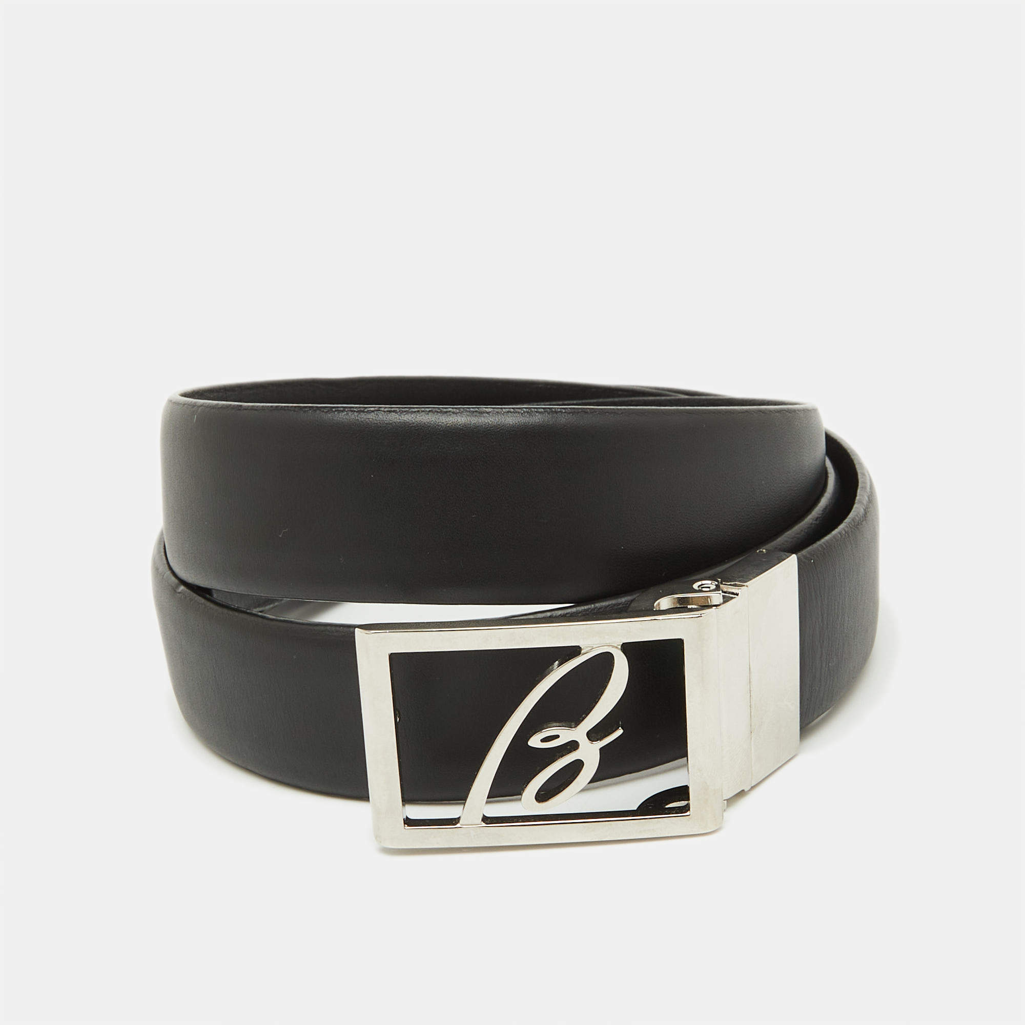 Brioni Black Leather Cut to Size Reversible Buckle Belt