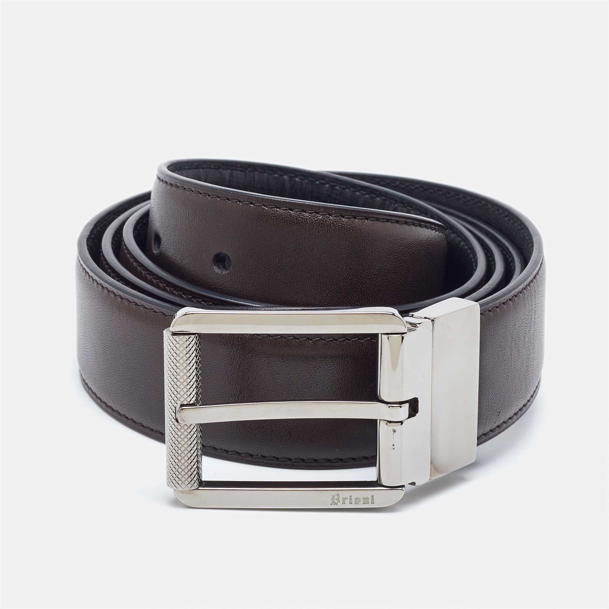 Brioni Black/Dark Brown Leather Cut to Size Reversible Buckle Belt